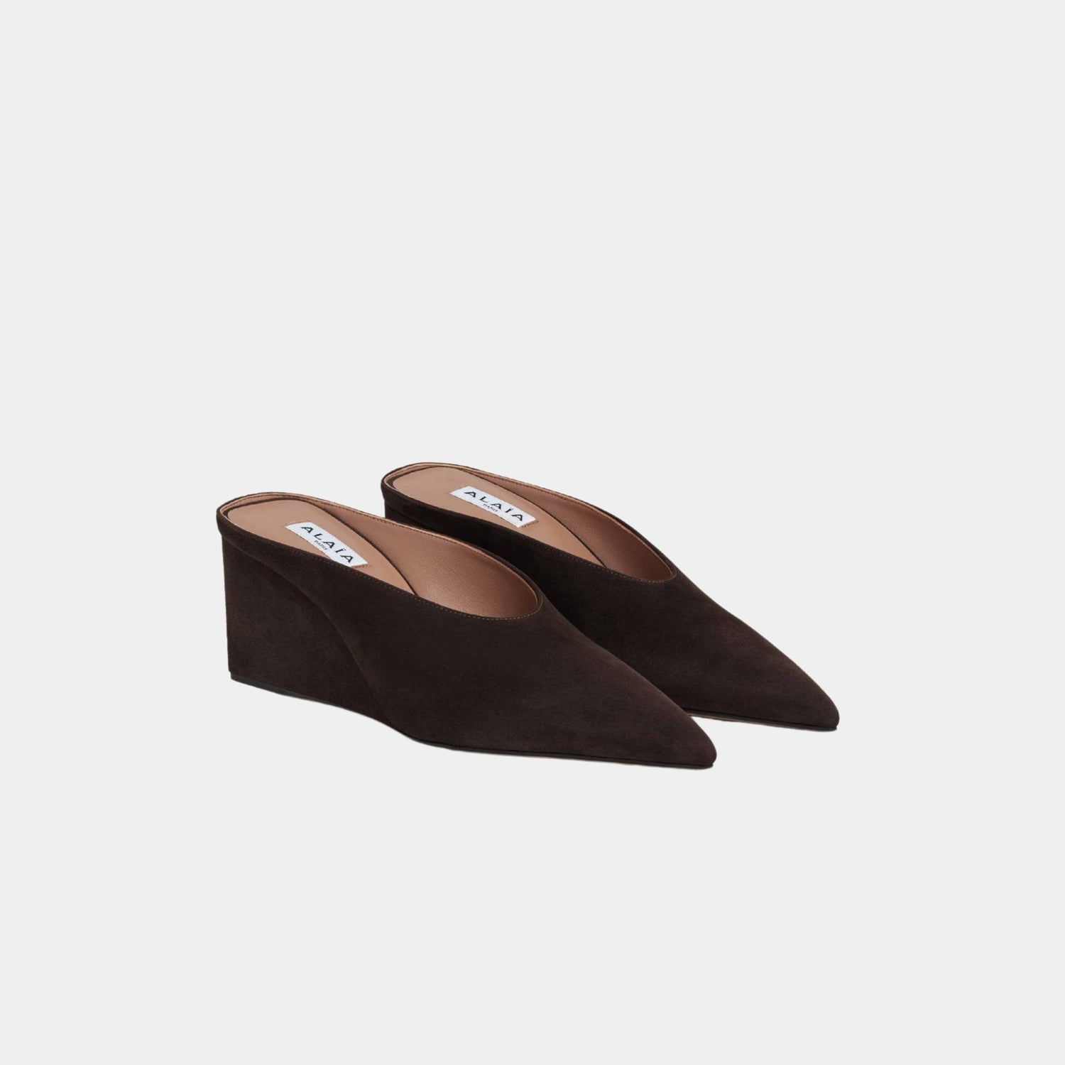 Alaia Cube Wedge Mules In Suede Goatskin, Dark Brown, Front