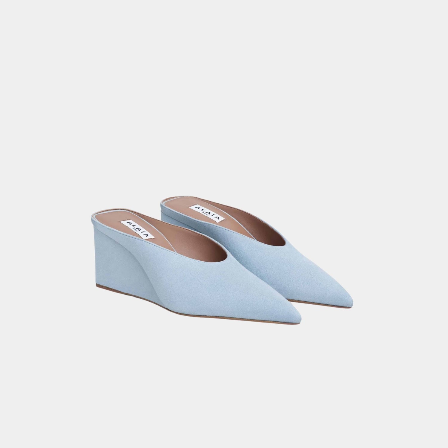 Alaia Cube Wedge Mules In Suede Goatskin, Light Blue, Front