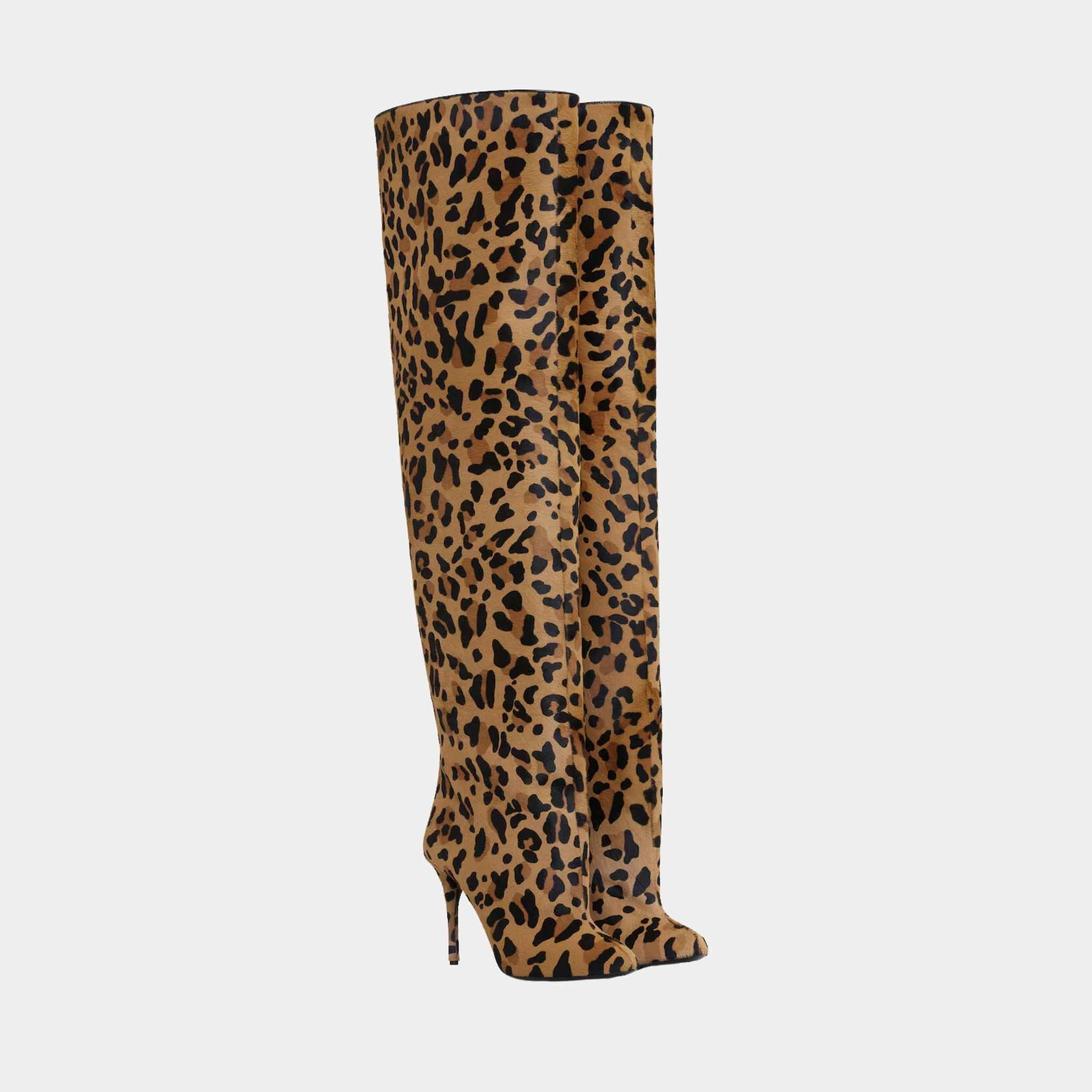 Alaia Decollete Cuissardes In Leopard Haircalf, Brown, Front View