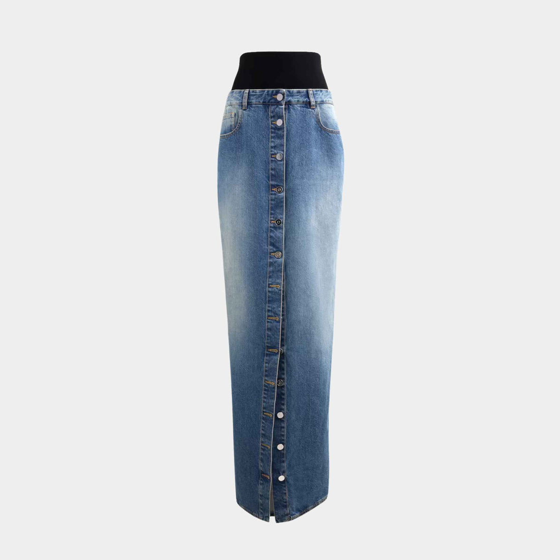 Alaia Denim Skirt With Knitted Waistband, Blue Vintage, Front View