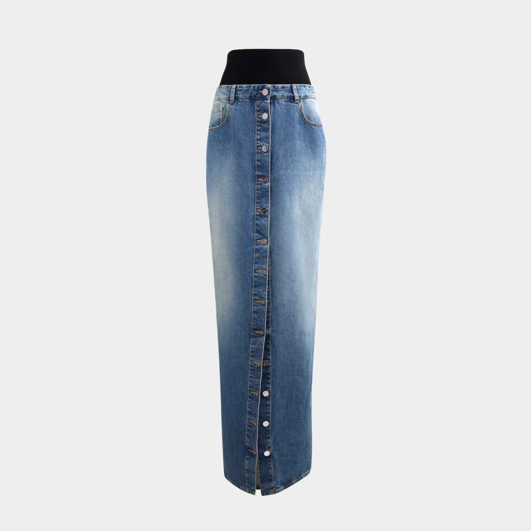 Alaia Denim Skirt With Knitted Waistband, Blue Vintage, Front View