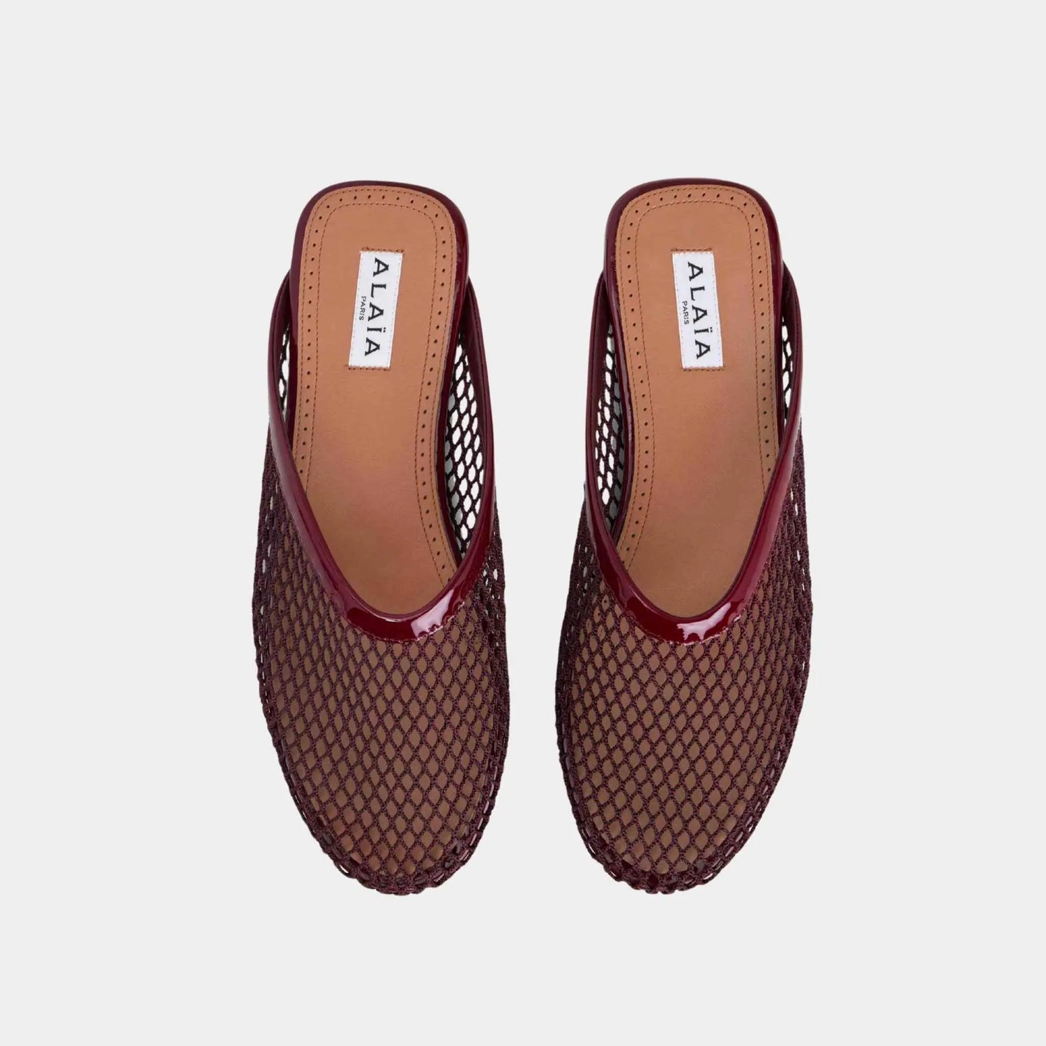 Alaia Flat Mules in Fishnet, Garnet Red, Top