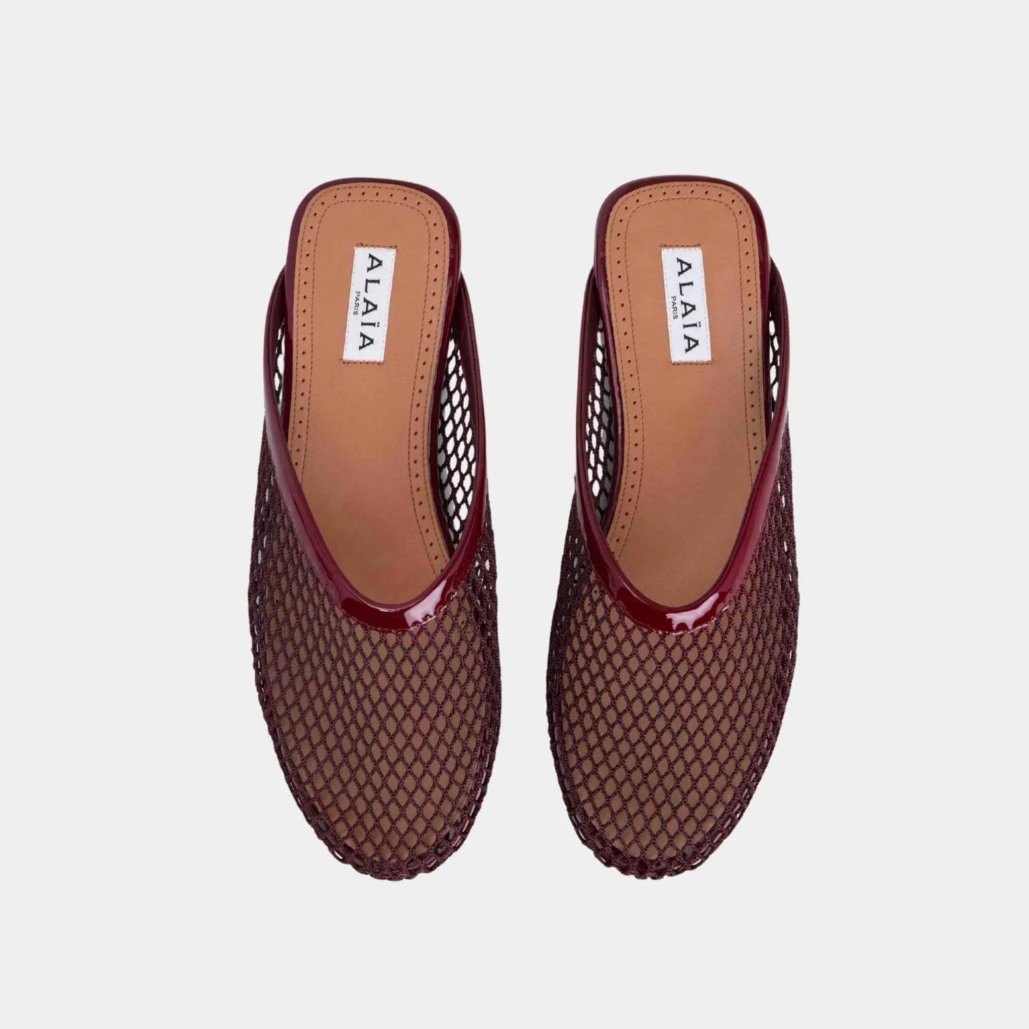 Alaia Flat Mules in Fishnet, Garnet Red, Top