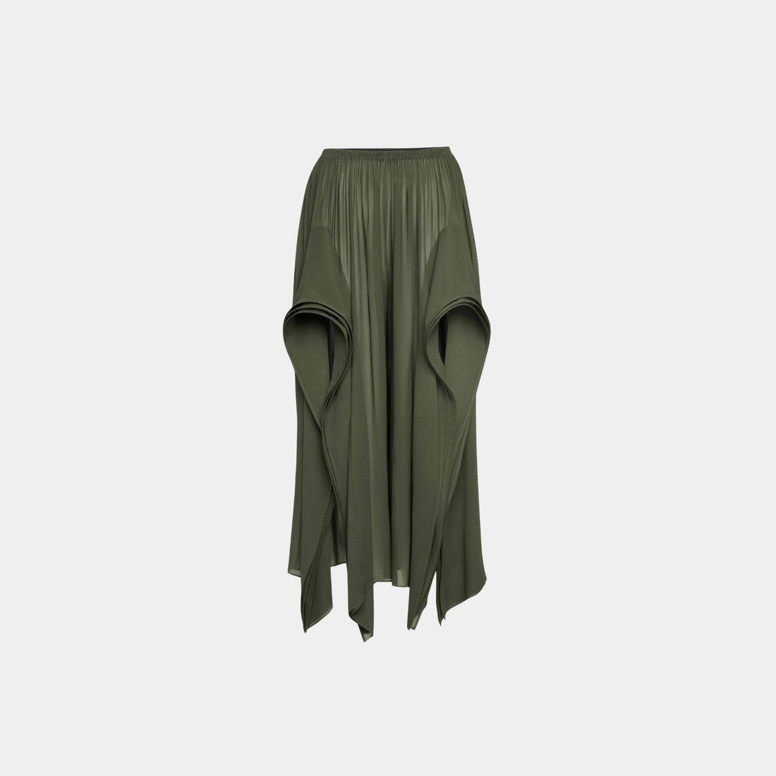 Alaia Georgette Ruffle Pants, Dark Green, Front