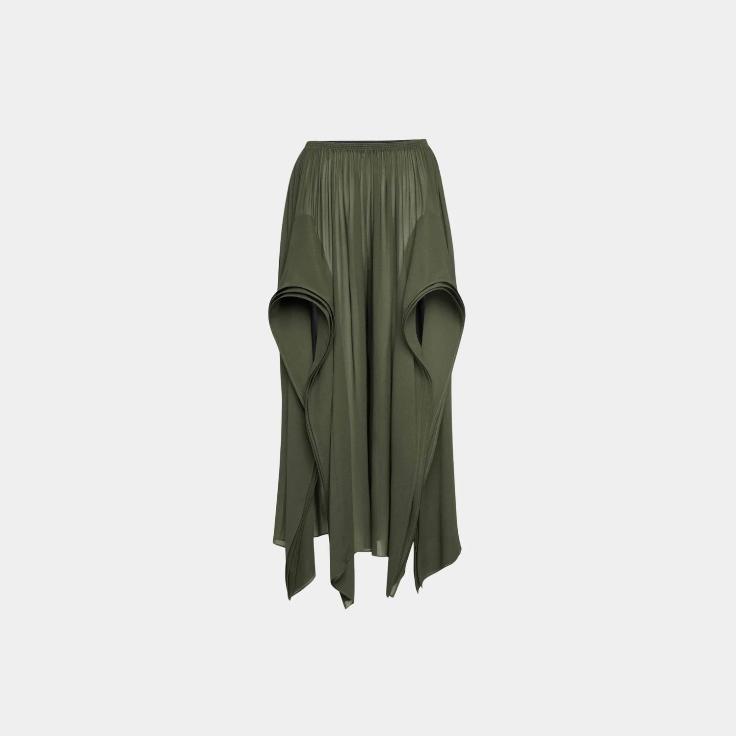Alaia Georgette Ruffle Pants, Dark Green, Front