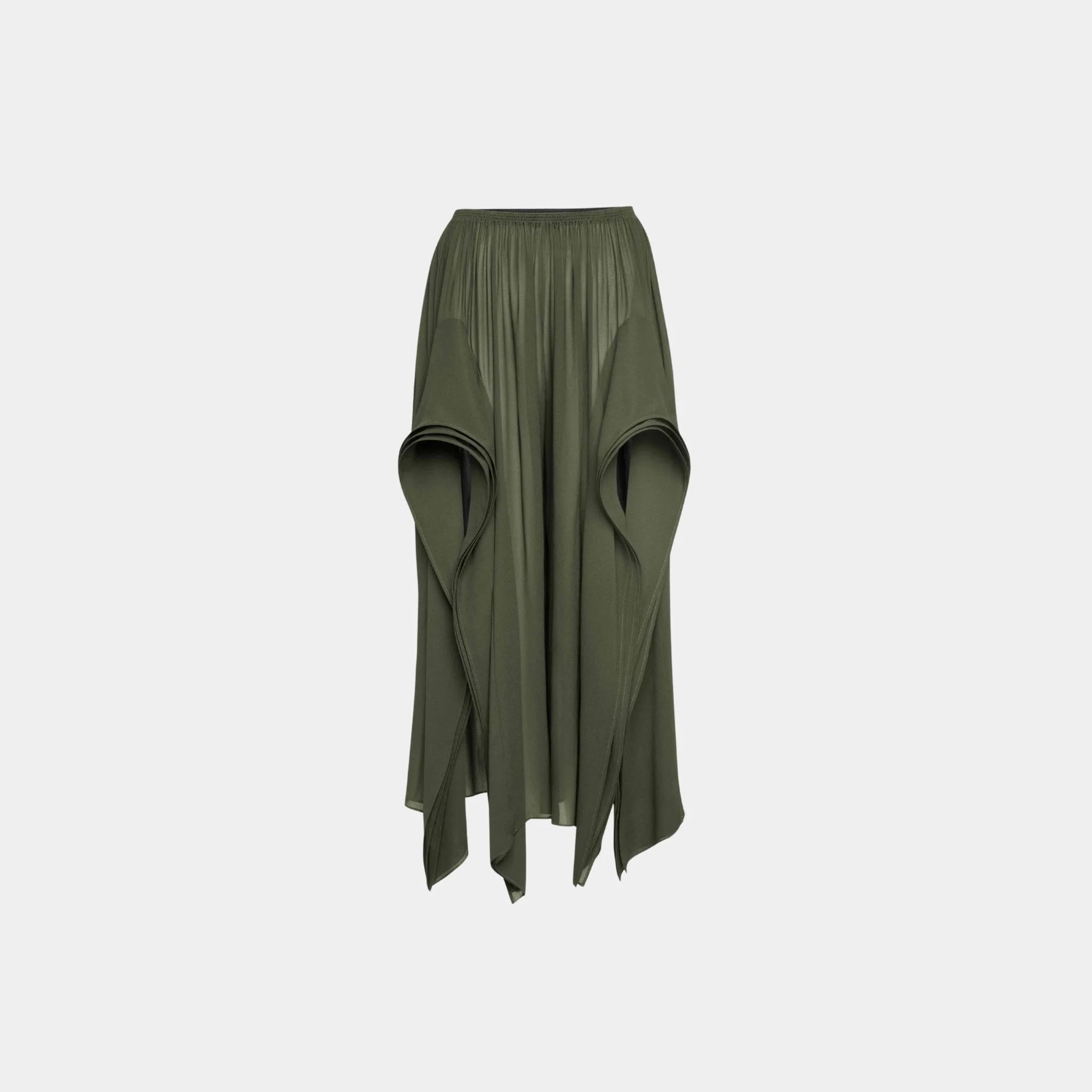 Alaia Georgette Ruffle Pants, Dark Green, Front