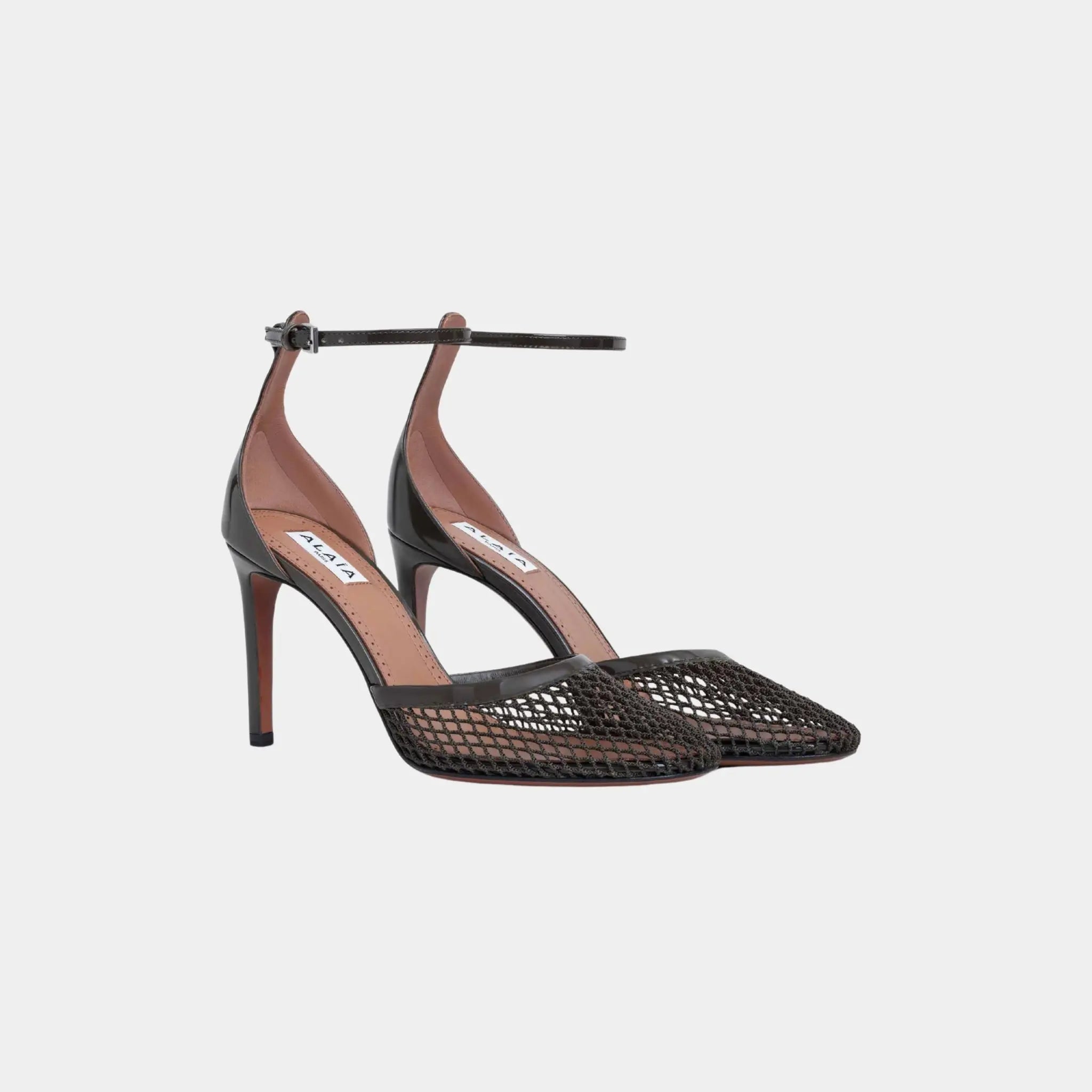 Alaia High Heel Fishnet Pumps, Khaki, Front