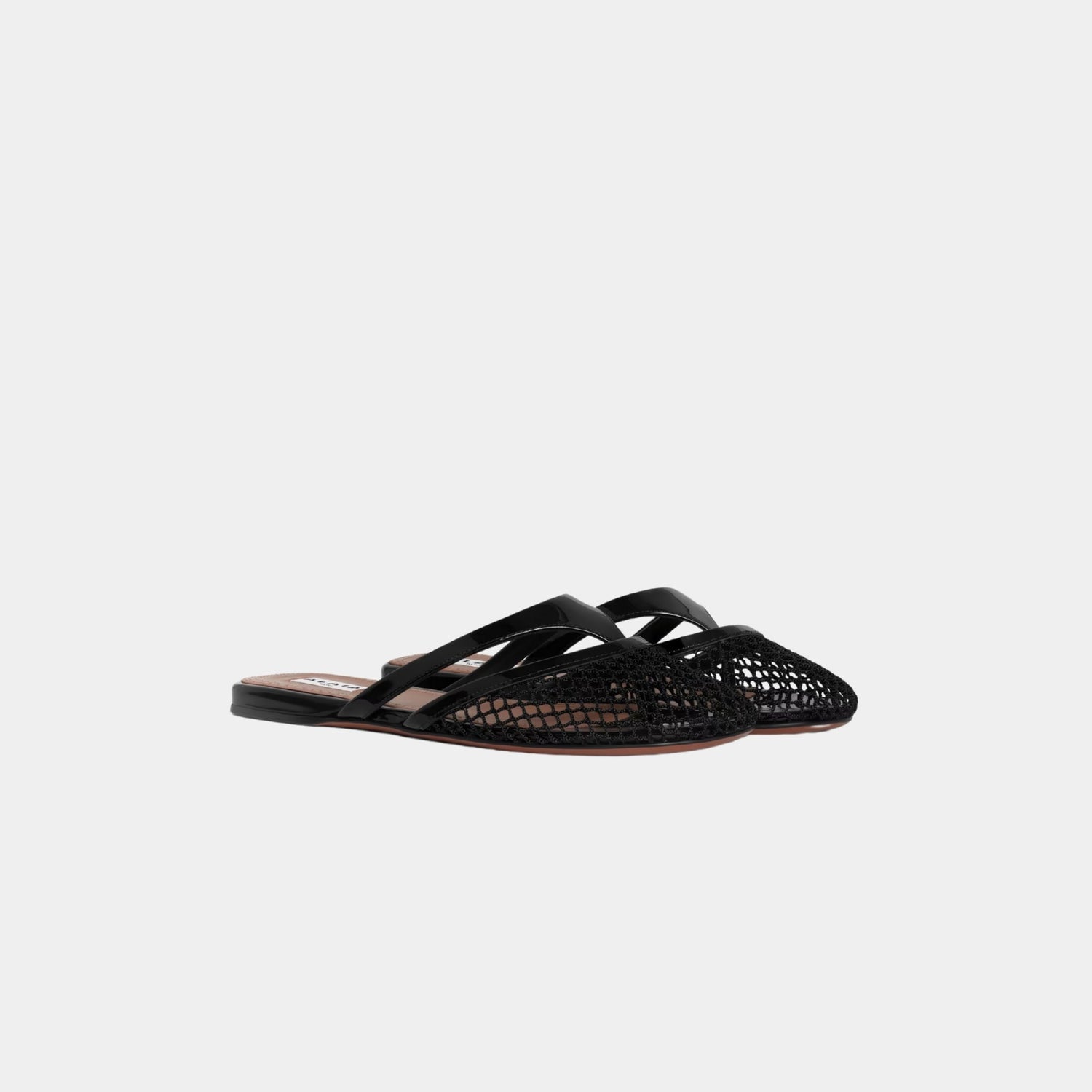 Alaia Infradito Flat Mules In Fishnet And Patent Leather, Black, Front
