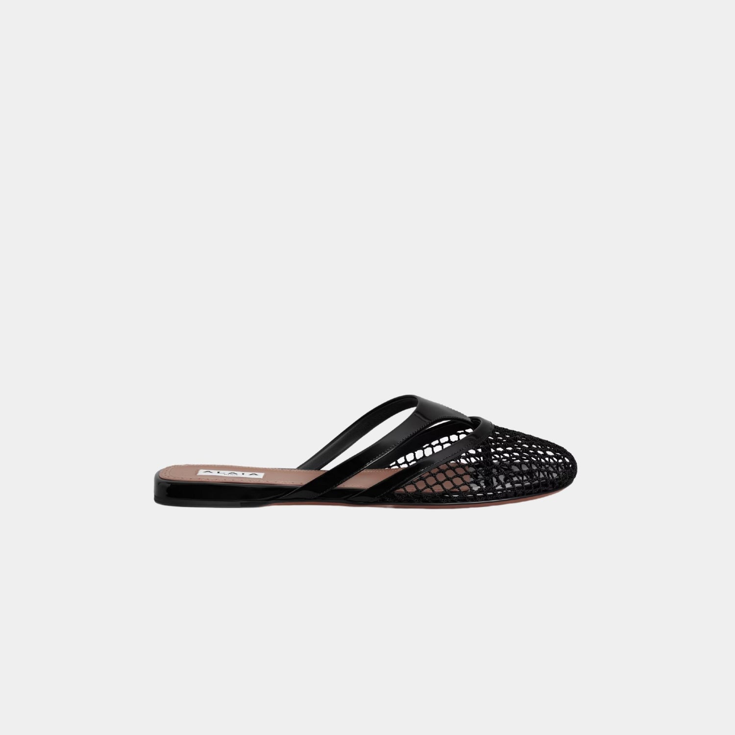 Alaia Infradito Flat Mules In Fishnet And Patent Leather, Black, Side