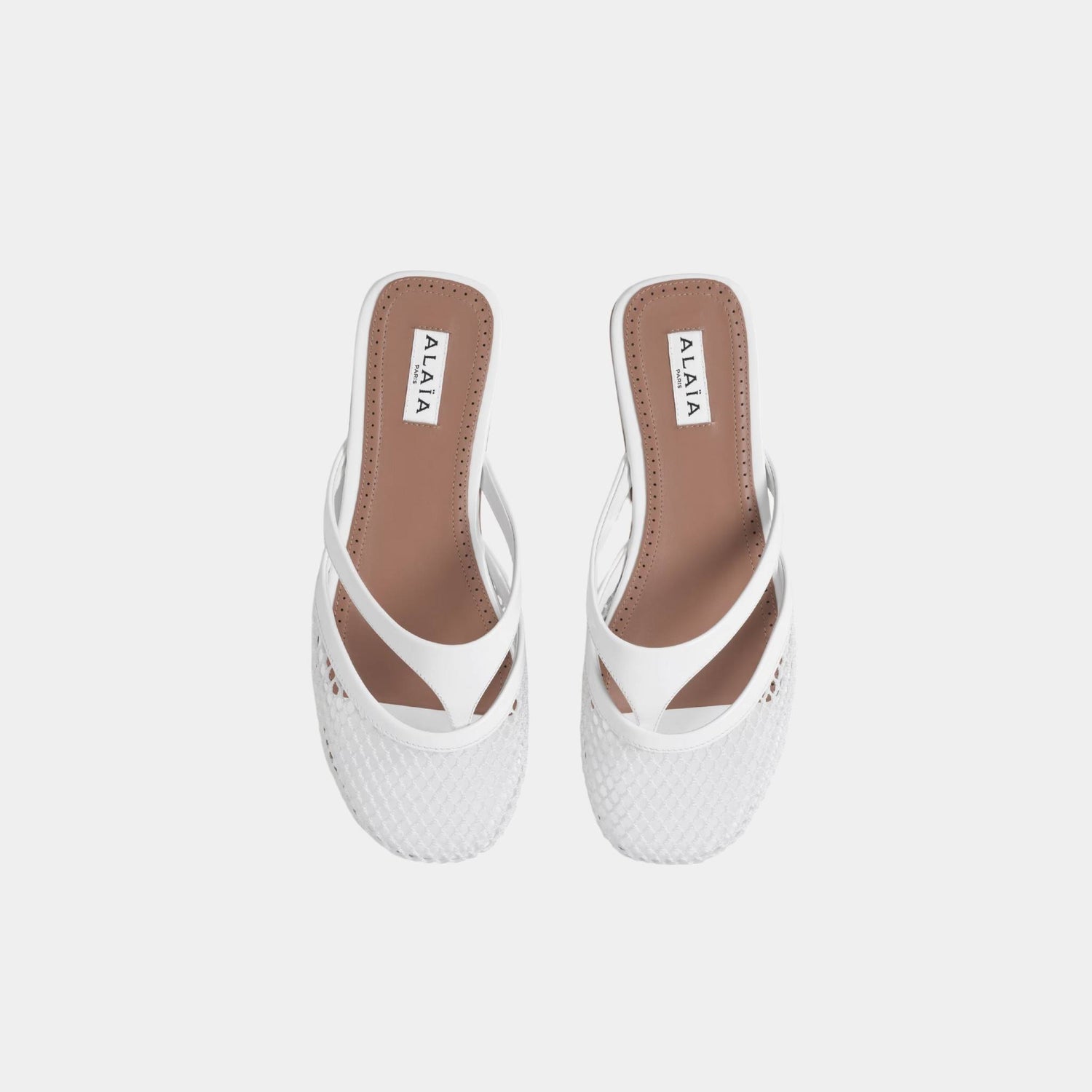 Alaia Infradito Flat Mules In Fishnet And Patent Leather, White, Top