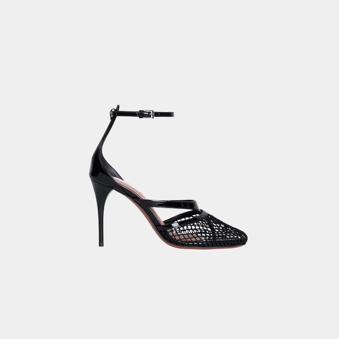 Alaia Infradito Sandals In Fishnet And Patent Leather, Black, Side