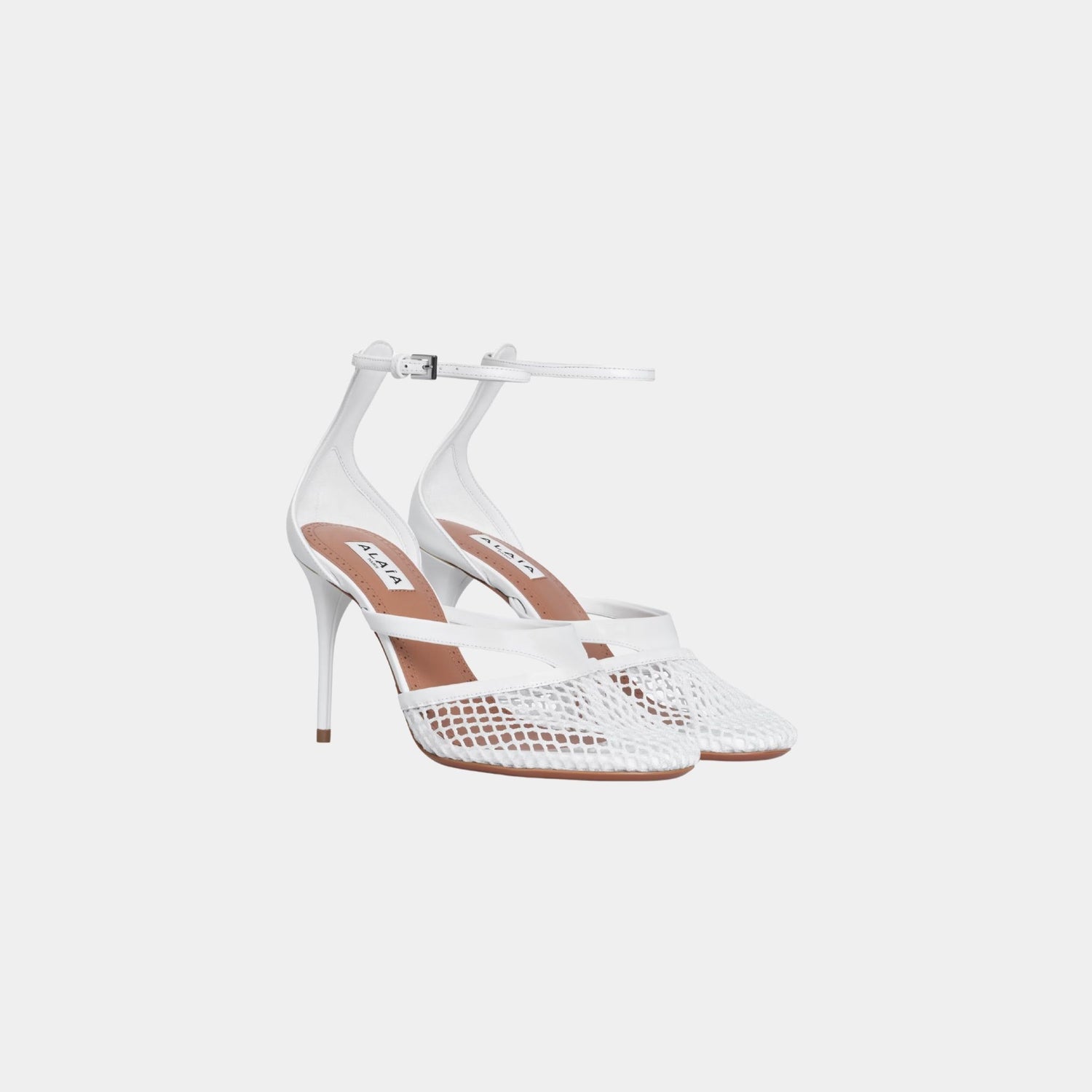Alaia Infradito Sandals In Fishnet And Patent Leather, Optical White, Front