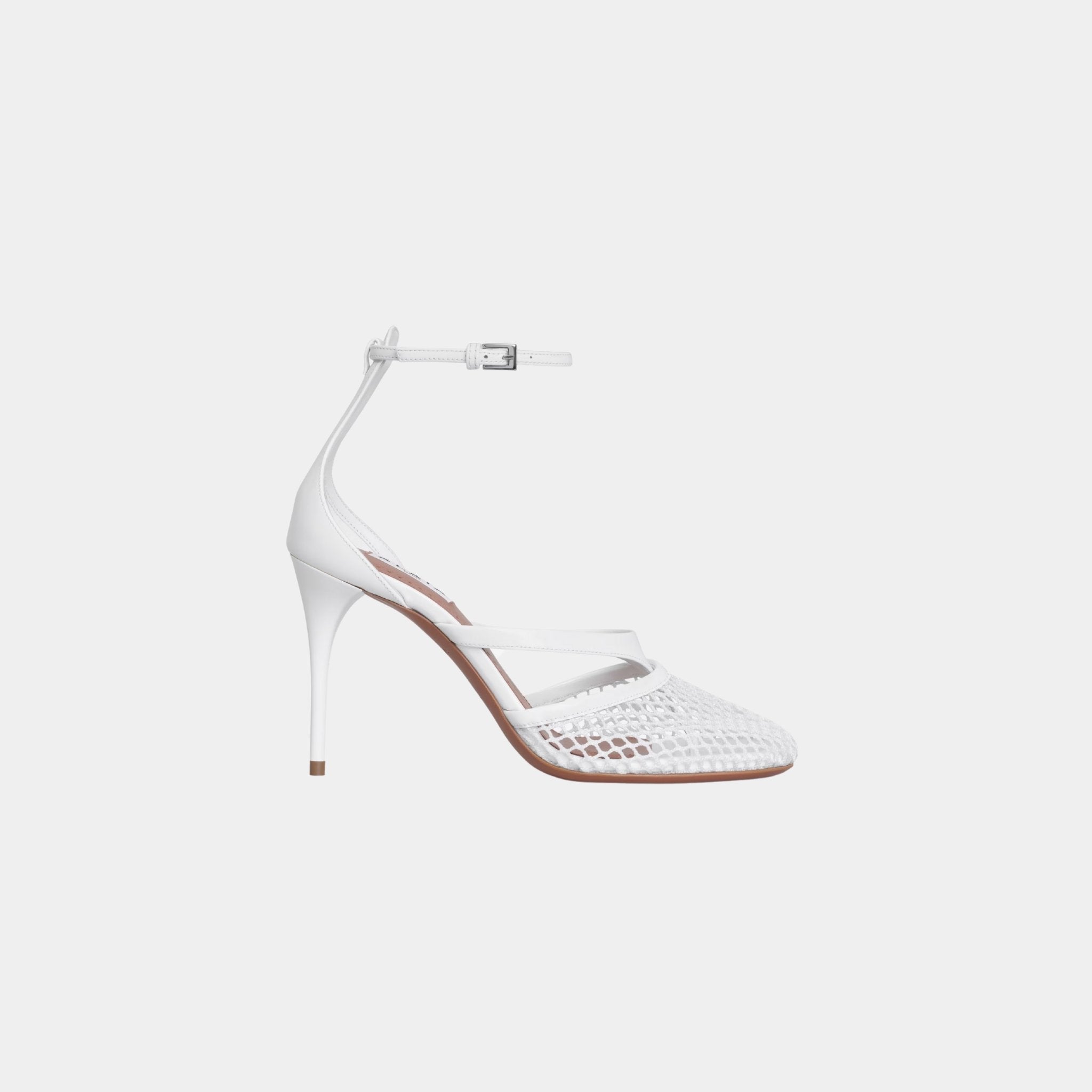 Alaia Infradito Sandals In Fishnet And Patent Leather, Optical White, Side