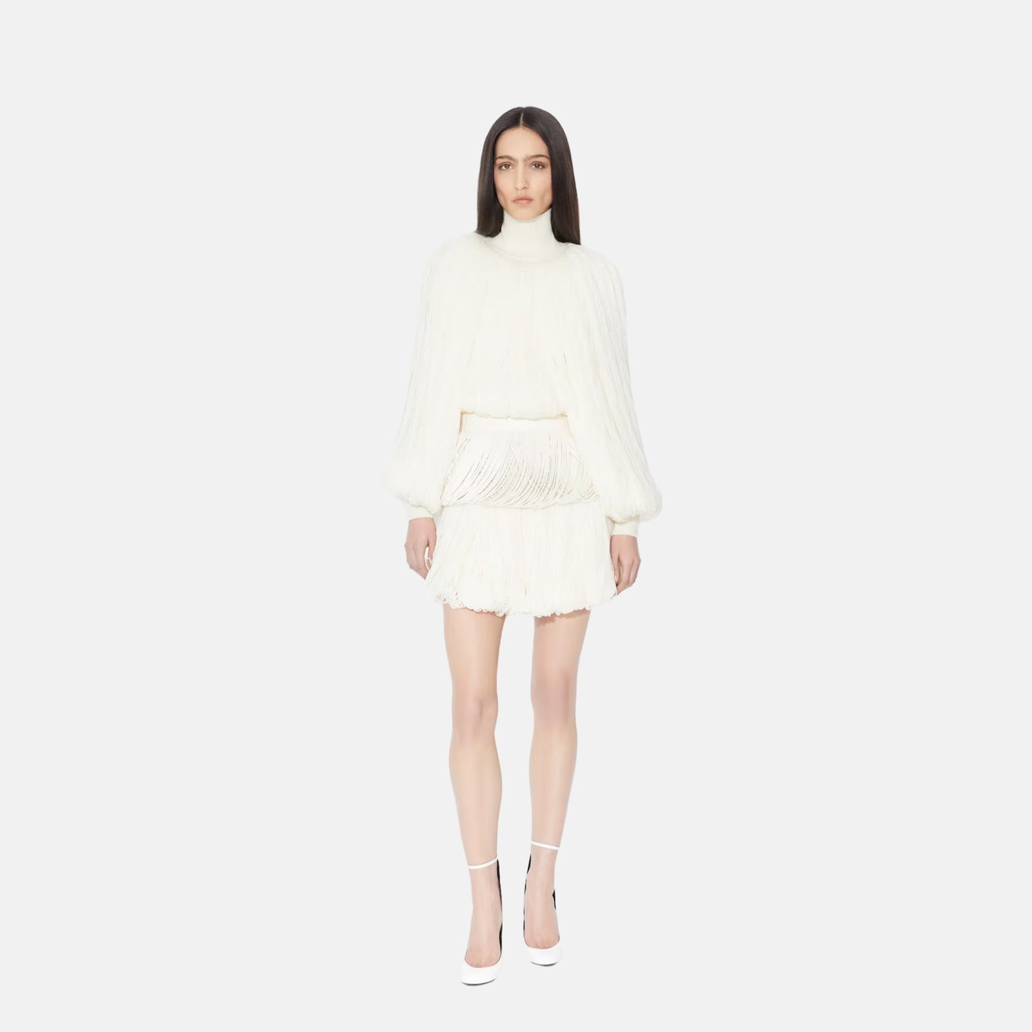 Alaia Knitted Fringes Jumper, White, Model