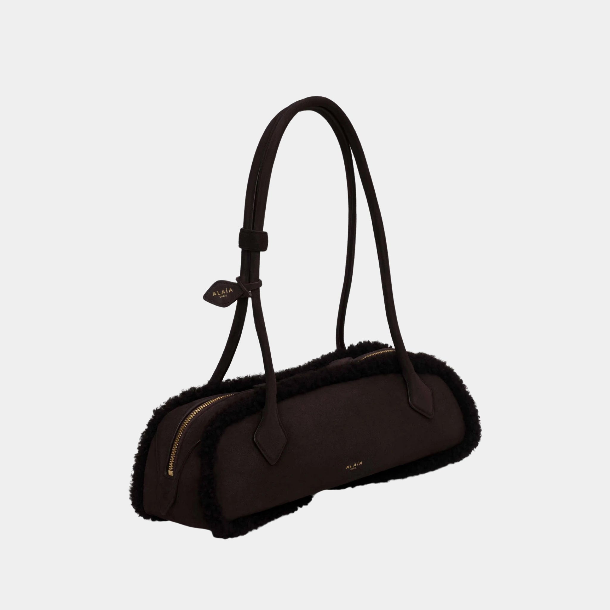 Alaia Le Dachshund Medium Shearling Bag, Brown, Side