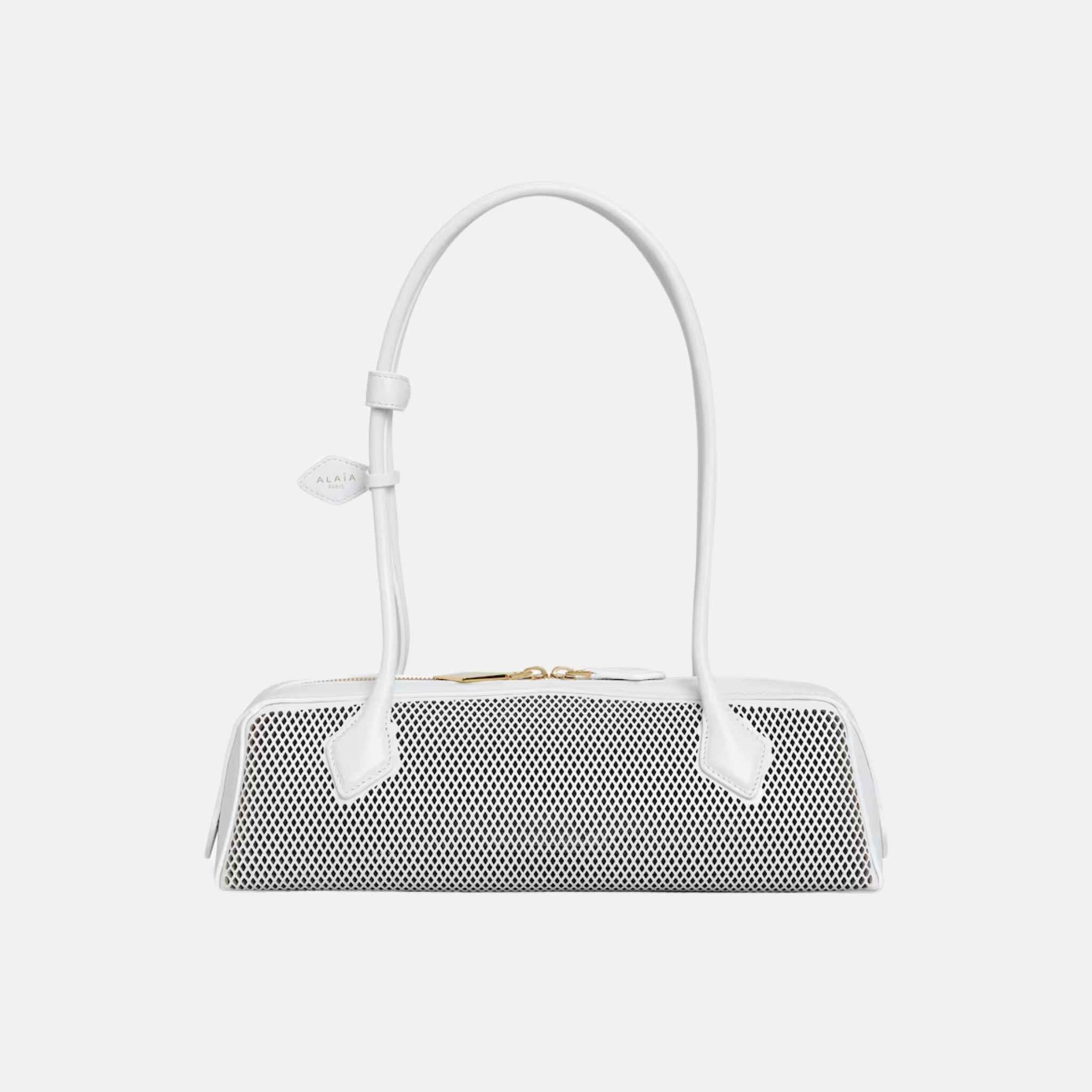 Alaia Le Teckel Medium Bag In Perforated Leather, White, Front