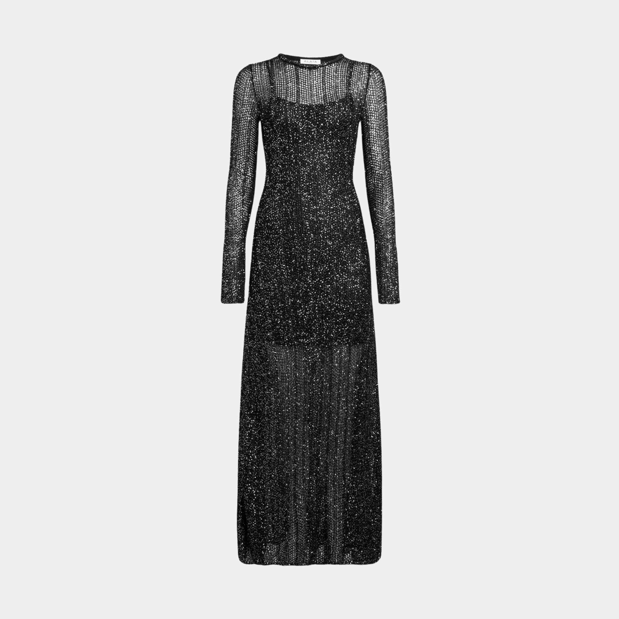 Alaia Long Sequin Knit Dress, Black/Silver, Front View