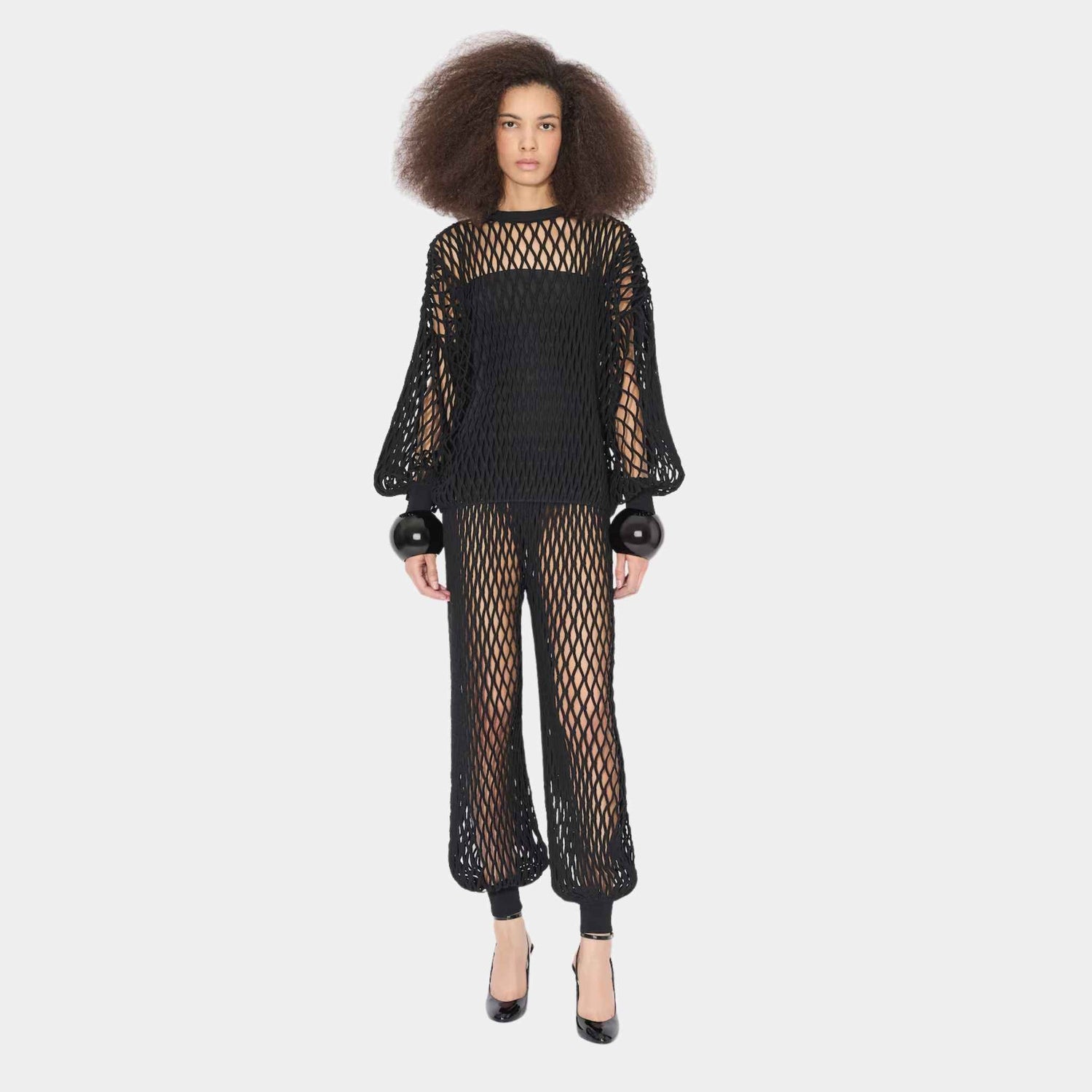 Alaia Macrame Knit Pants, Black, Model in Front View