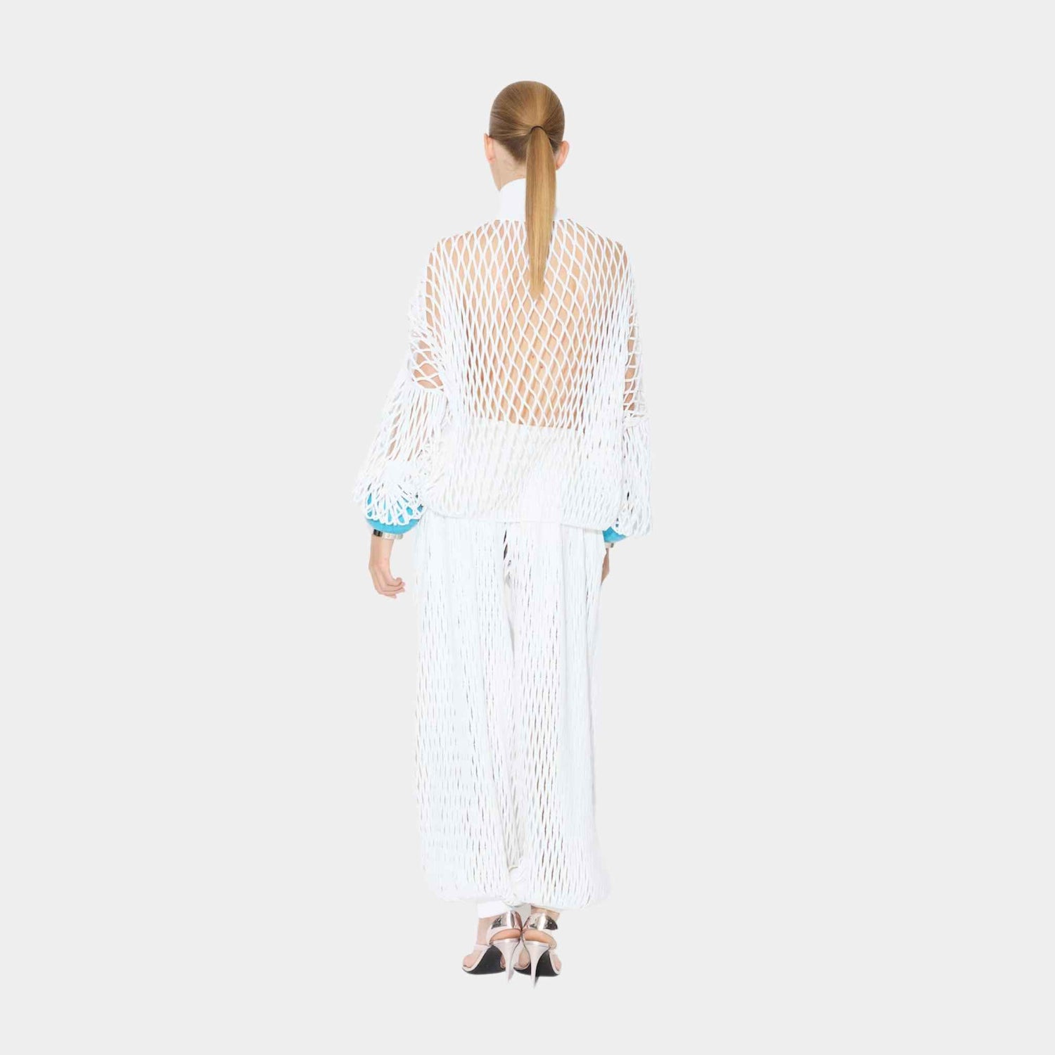 Alaia Macrame Knit Pants, White, Model in Front View