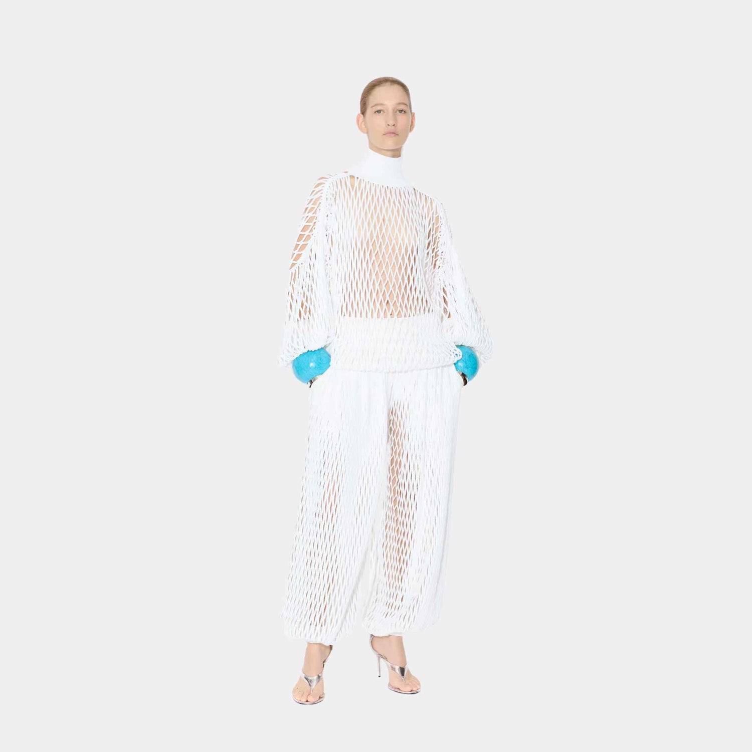 Alaia Macrame Knit Pants, White, Model in Front View