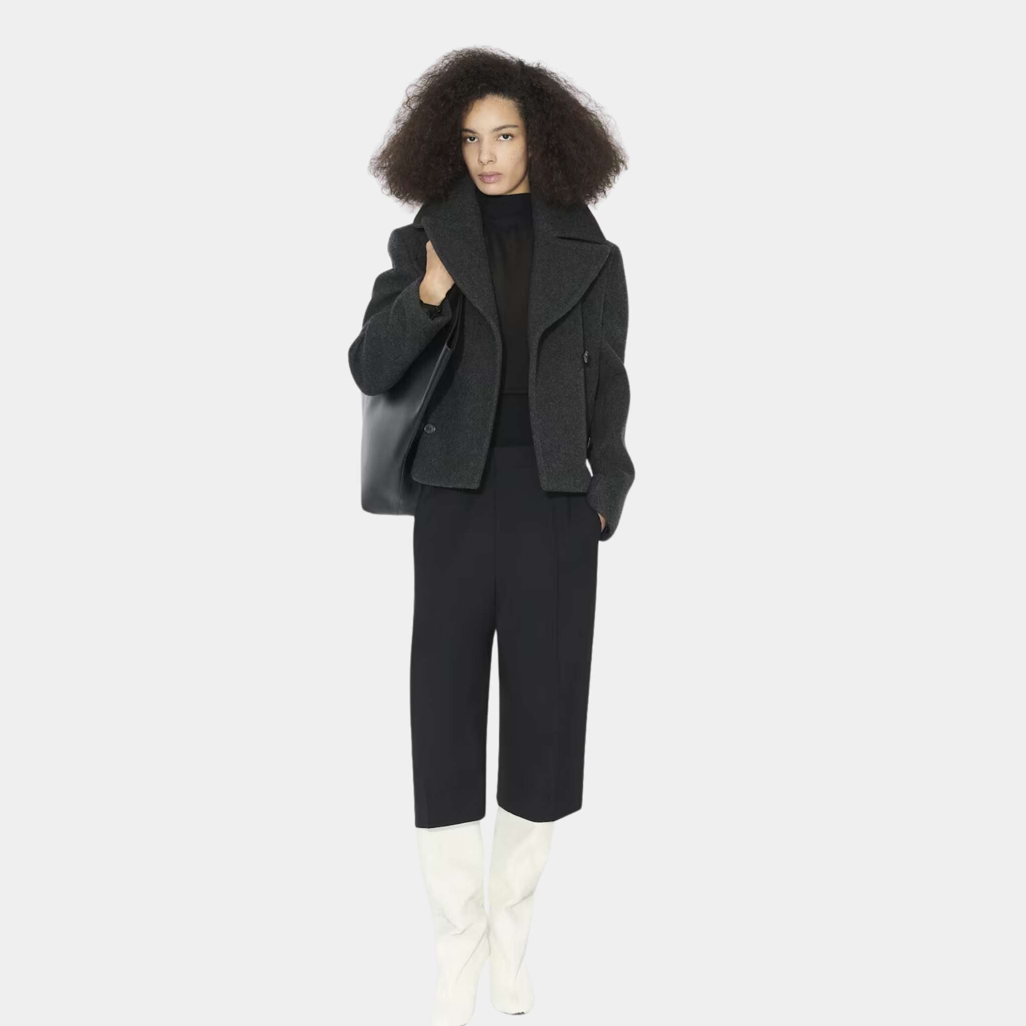 Alaia Merino Wool Pea Coat, Charcoal, Model in Front View