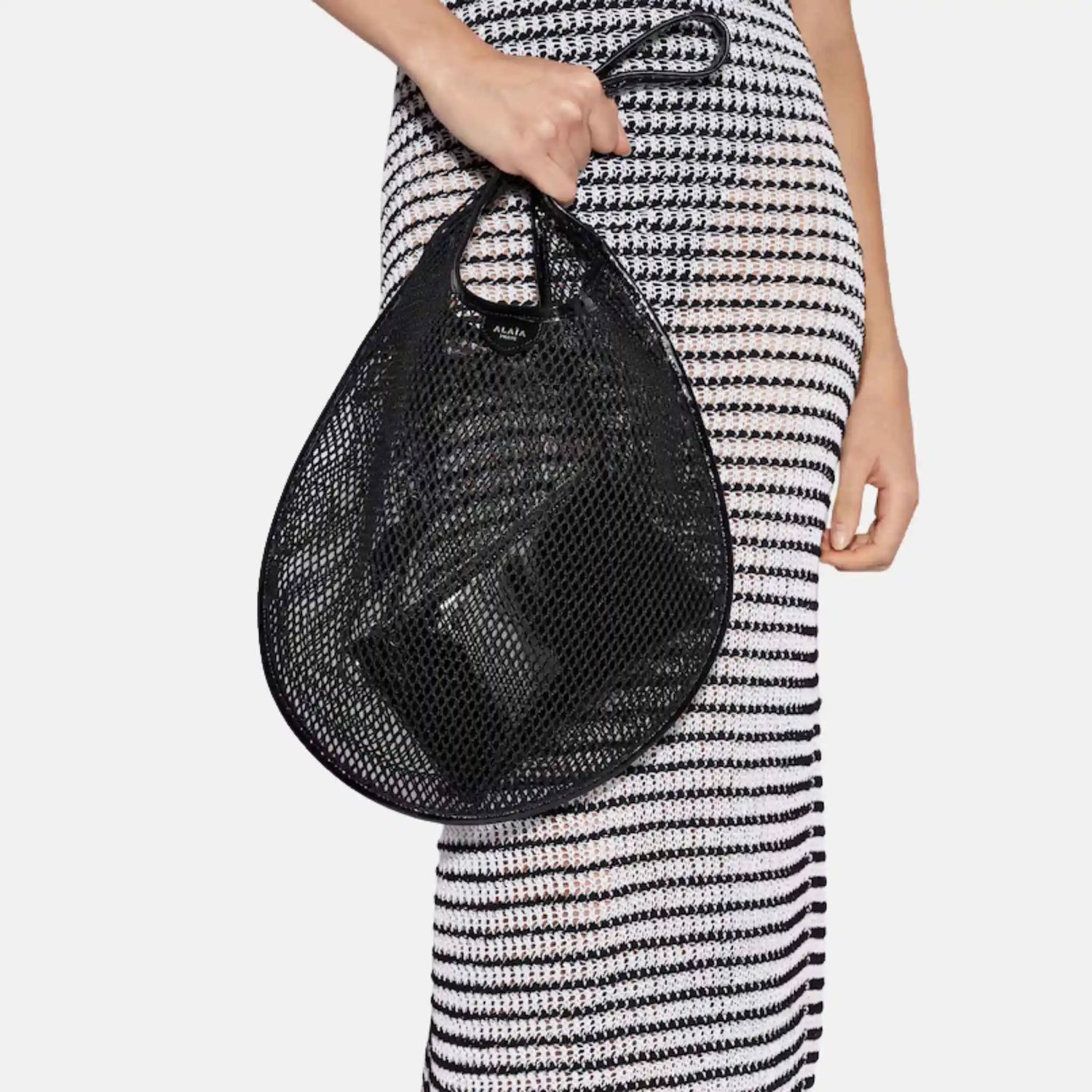 Alaia One Piece Medium Bag In Fishnet, Black, Model