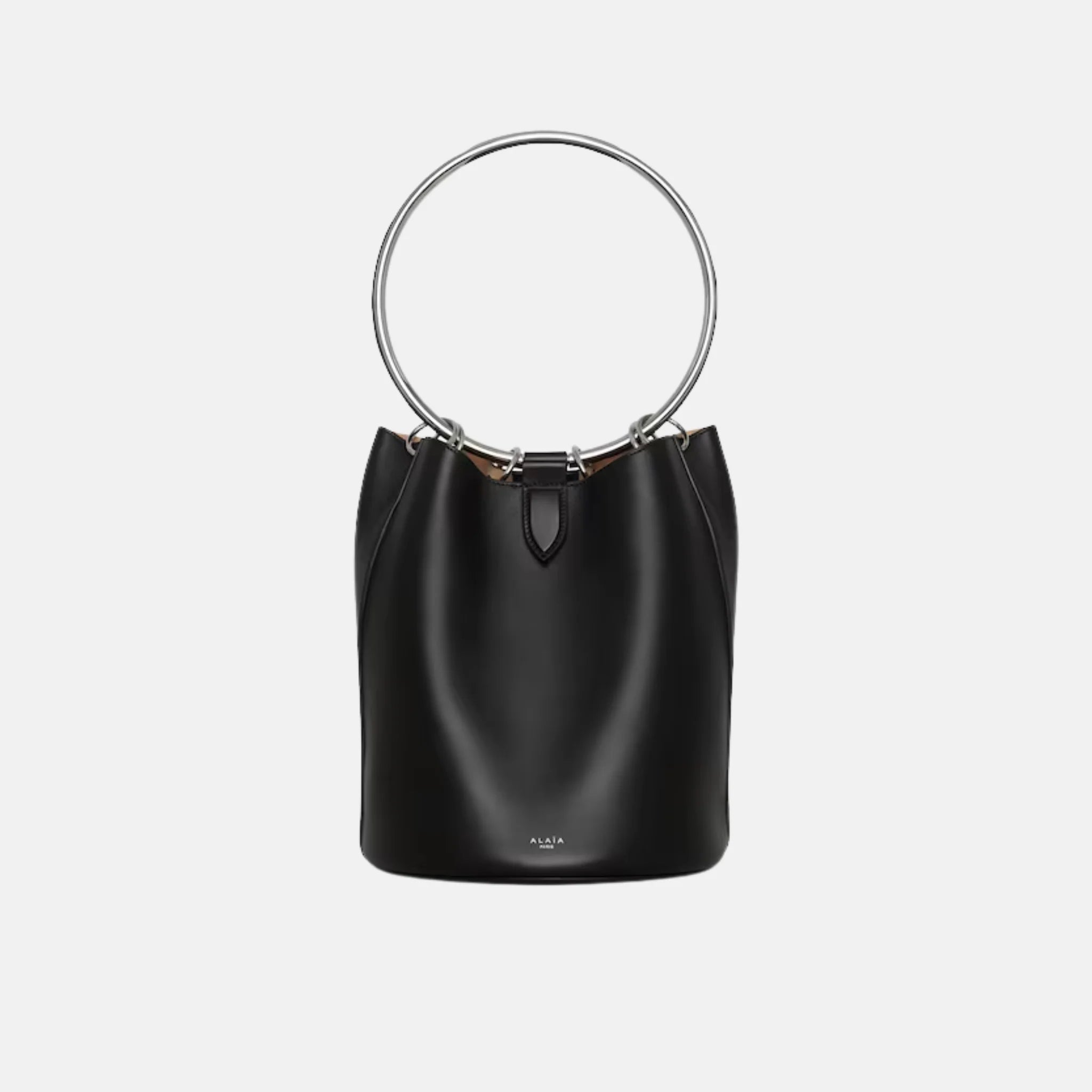 Alaia Ring Large Bucket Bag In Calfskin, Black, Front