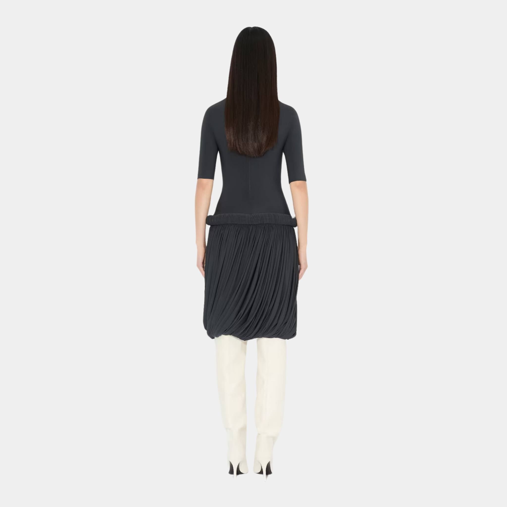 Alaia Short Dress In Supple Jersey, Dark Blue, Model in Back View