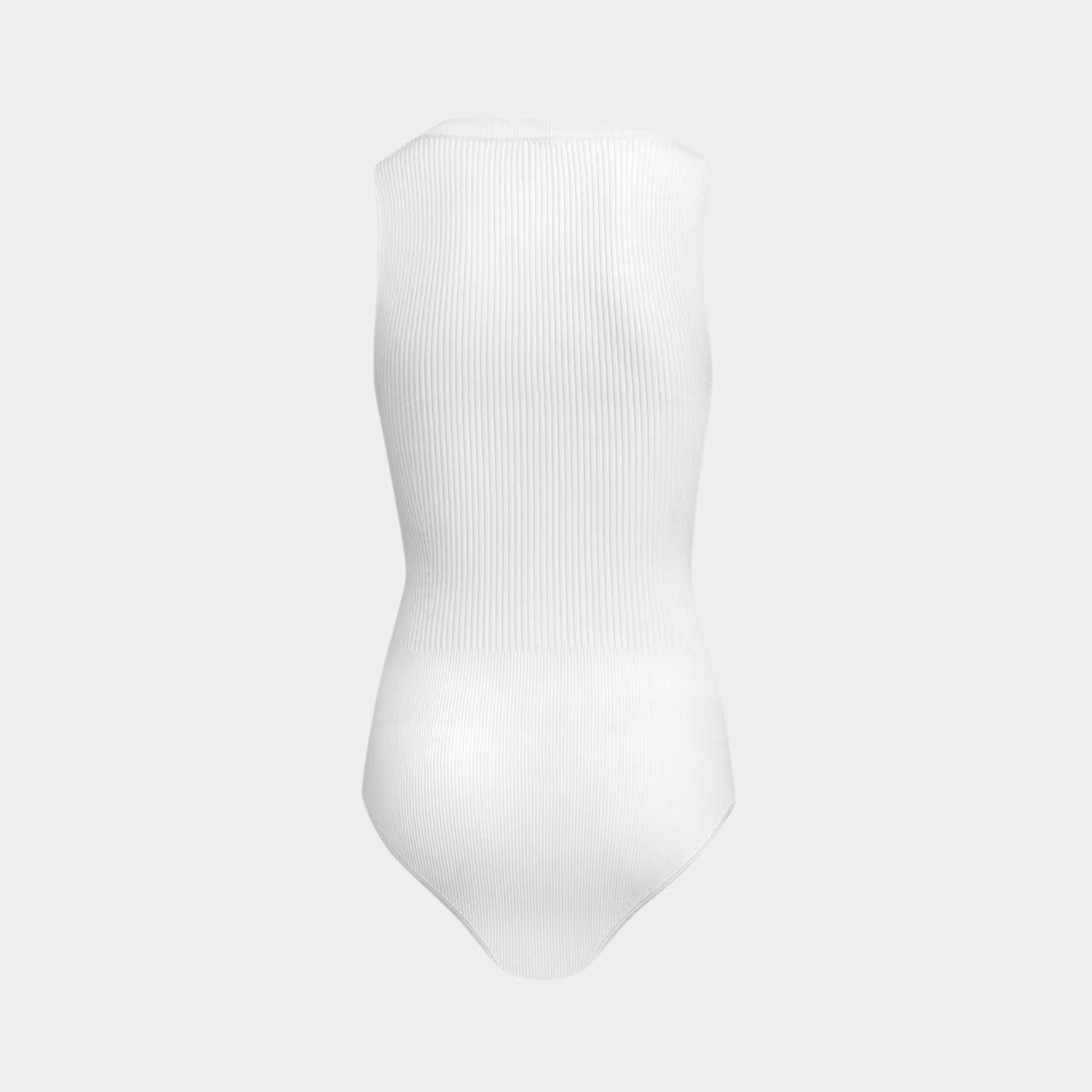 Alaia Sleeveless Ribbed Knit Bodysuit, White, Back View