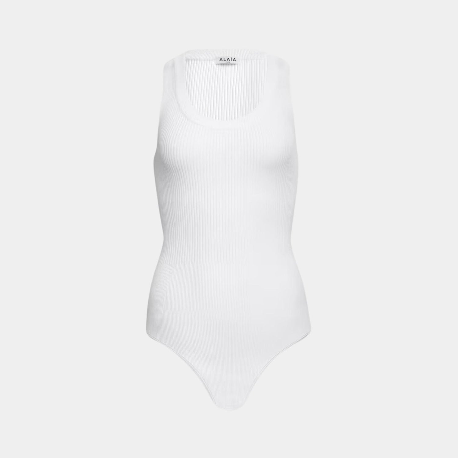 Alaia Sleeveless Ribbed Knit Bodysuit, White, Front View