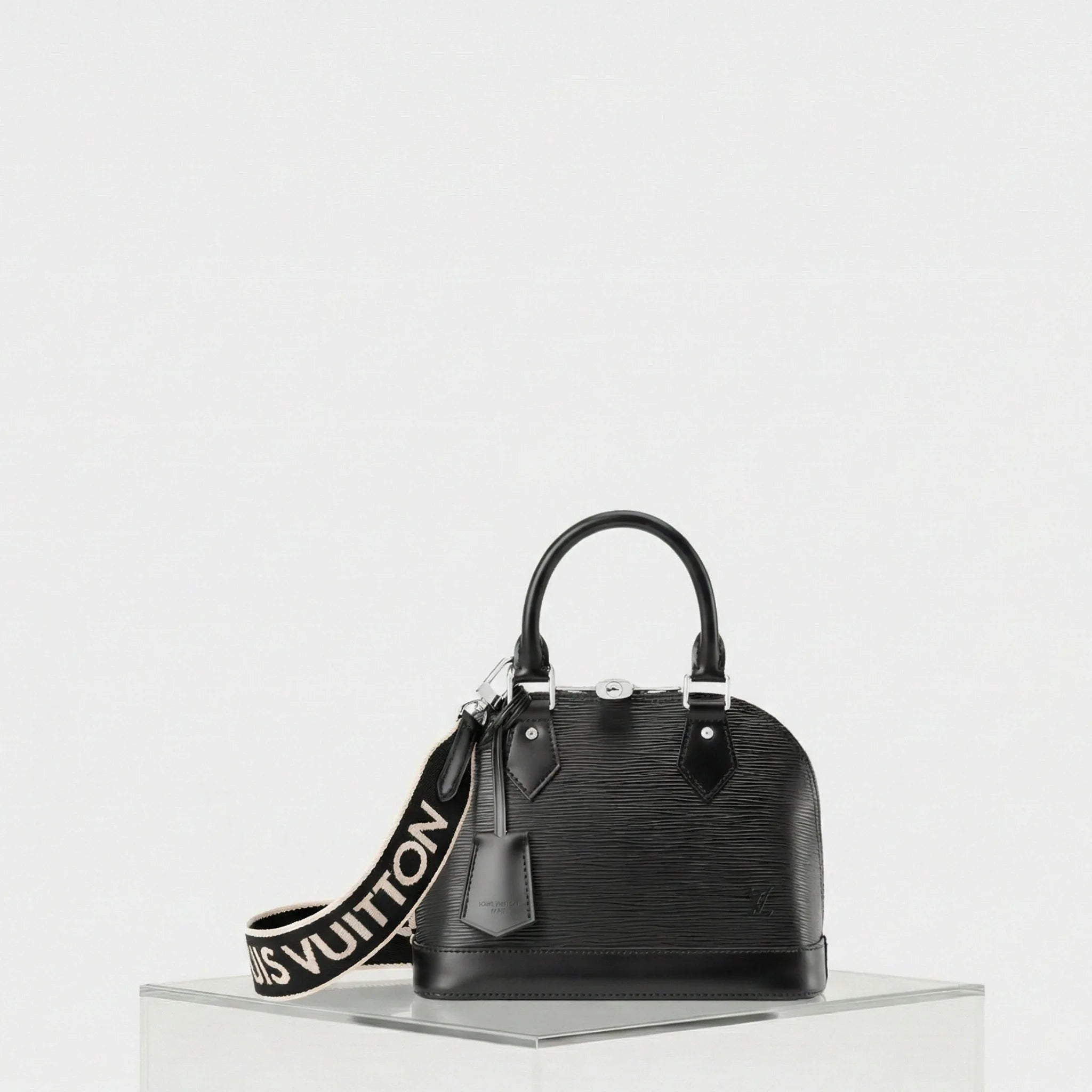 Louis Vuitton Alma BB Epi Leather Handbag Jacquard Strap, Black, Front