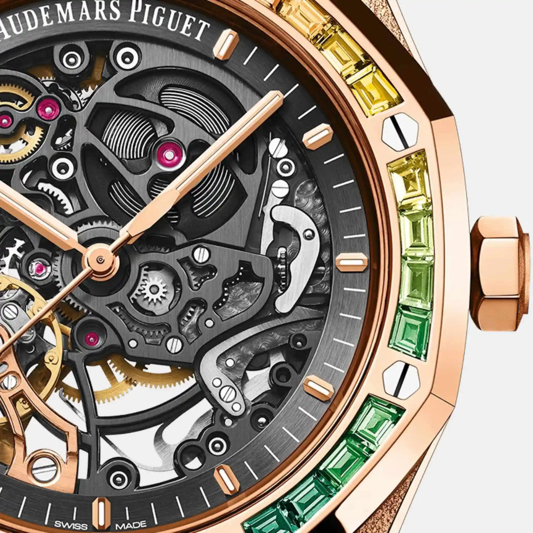 Audemars Piguet رويال أوك فروستد غولد دبل سكليتون بالانس Ref. 15412OR.YG.1224OR.01-B، الميناء، لقطة مقرّبة