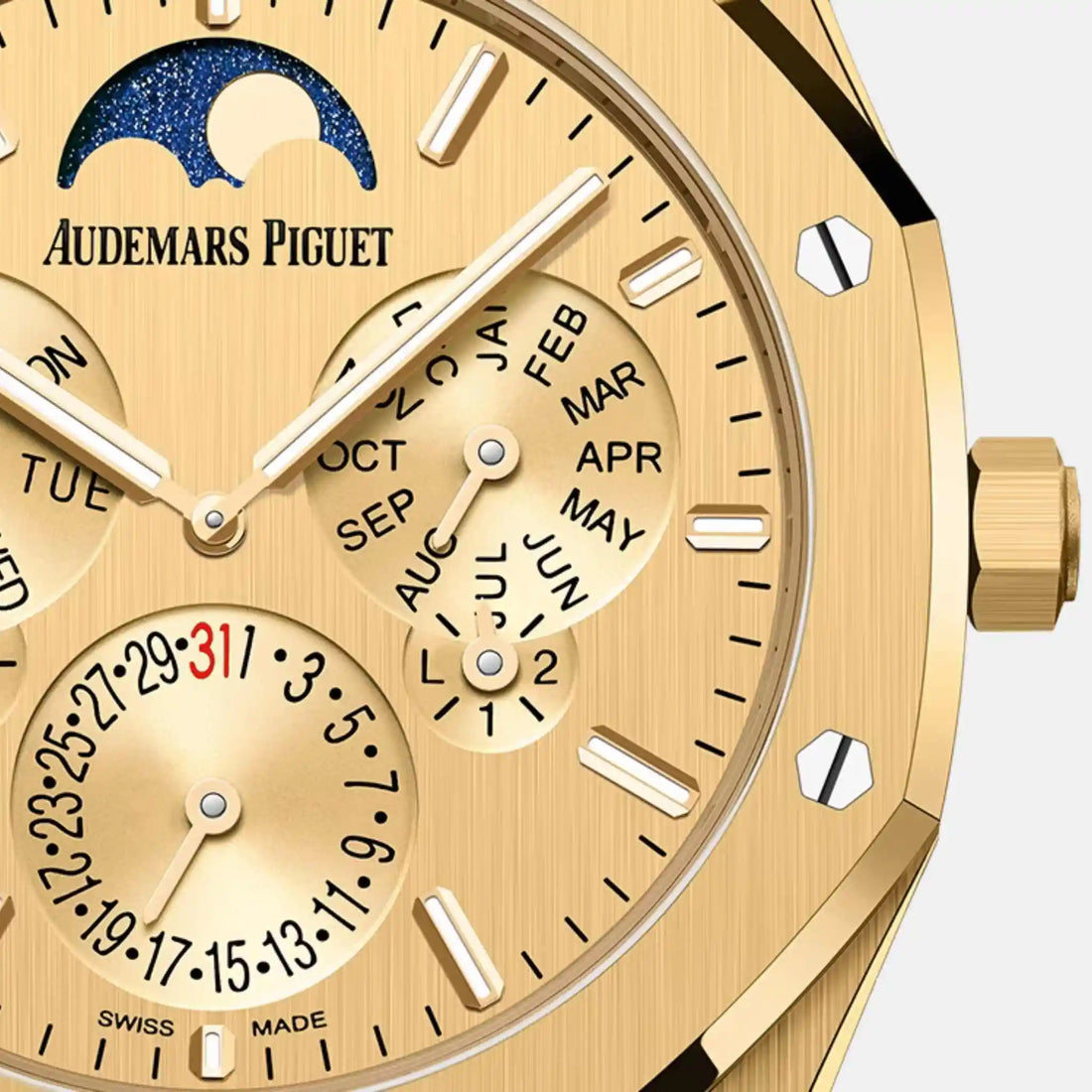 Audemars Piguet رويال أوك تقويم دائم فائق النحافة إصدار محدود Ref. 26586BA.OO.1240BA.99، لقطة مقربة