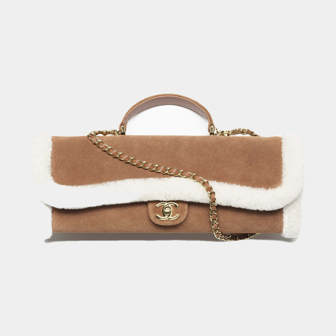 Chanel Clutch with Chain brown suede white shearling Coco Neige 2026 front view