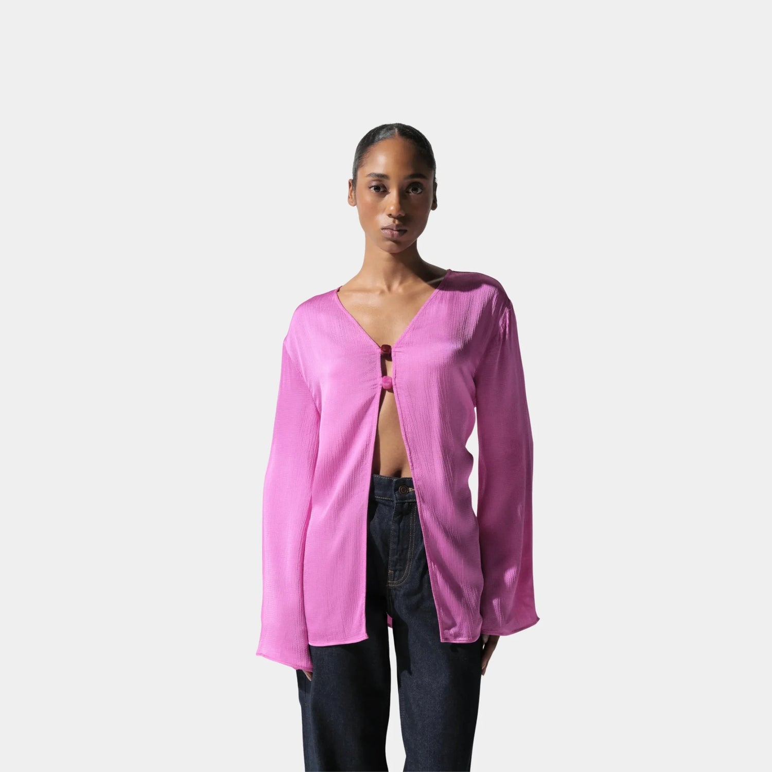 Baobab Coralina Blouse in Silk, Fuchsia, Model