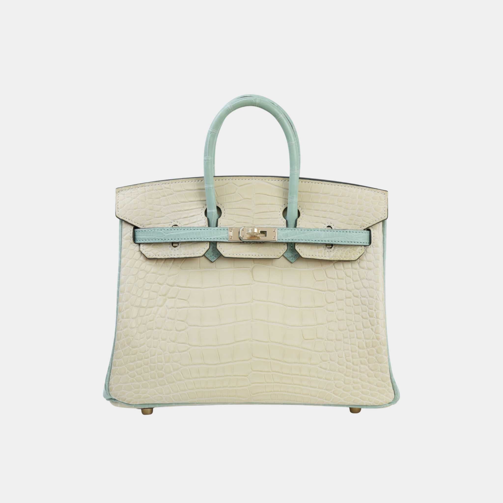 Hermes Birkin 25 HSS Matte Alligator Vanille/Vert d’Eau PBHW, Front