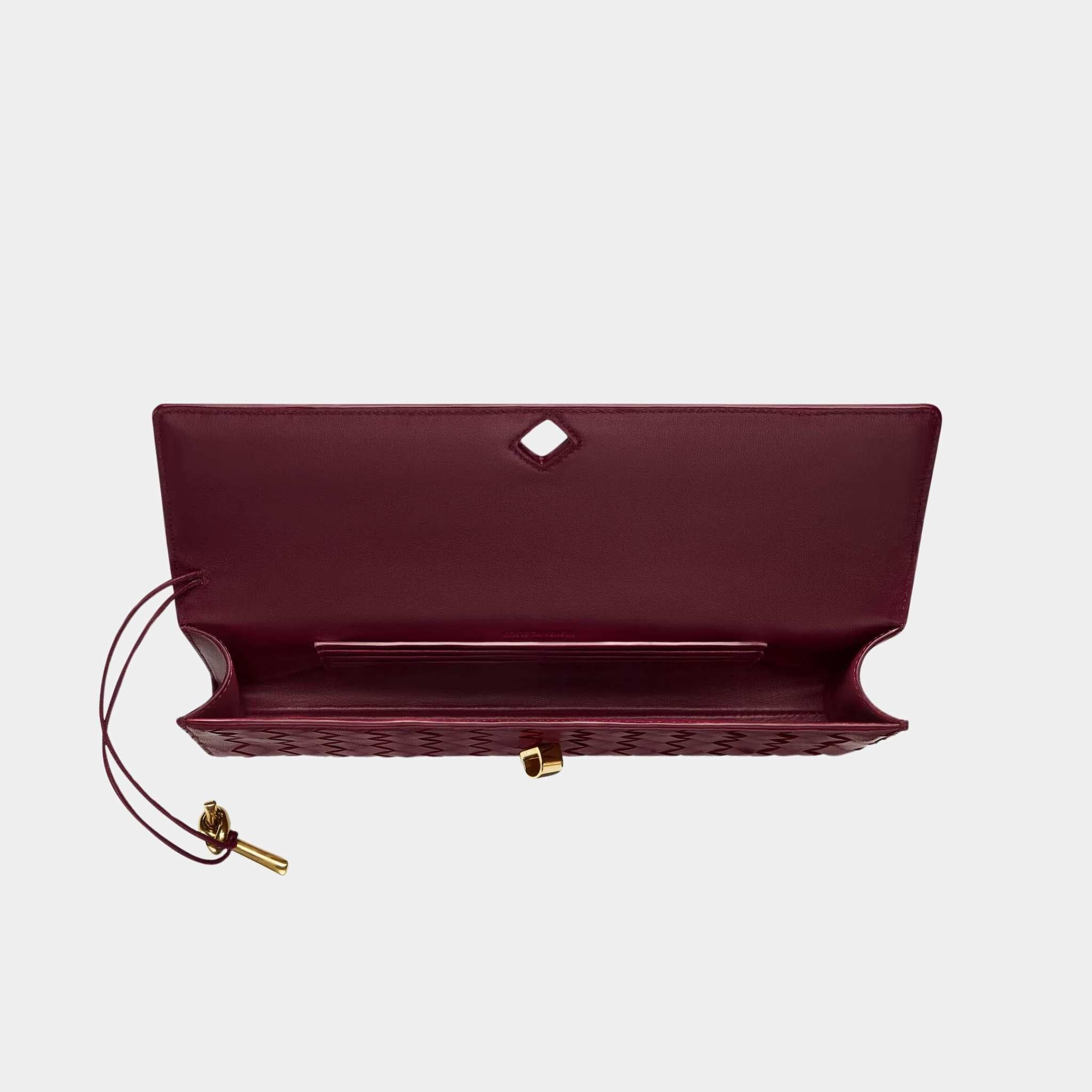 Bottega Veneta Andiamo Top Handle Clutch Intrecciato Leather, Barolo, Open