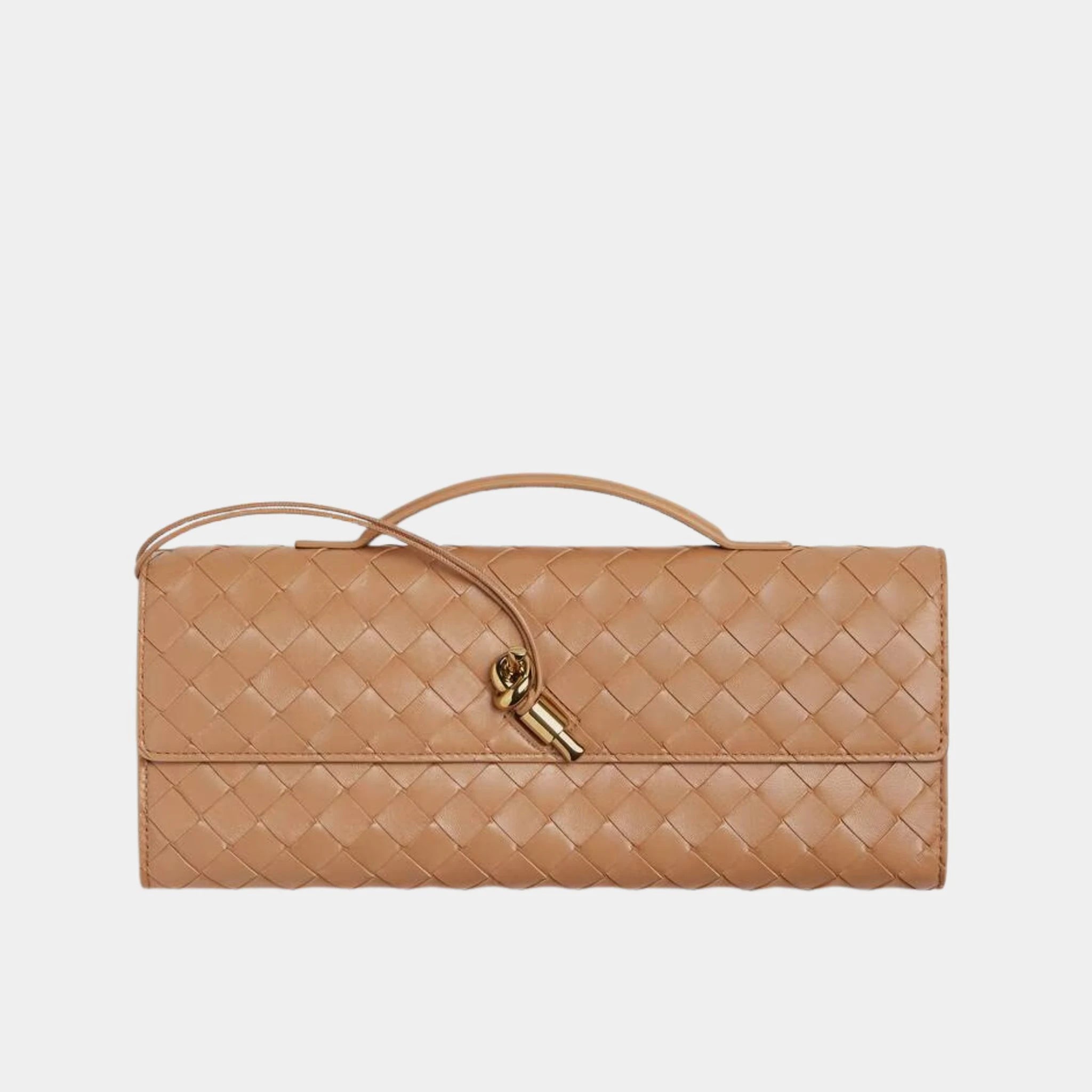 Bottega Veneta Andiamo Top Handle Clutch Intrecciato Leather, Pale Brown, Front