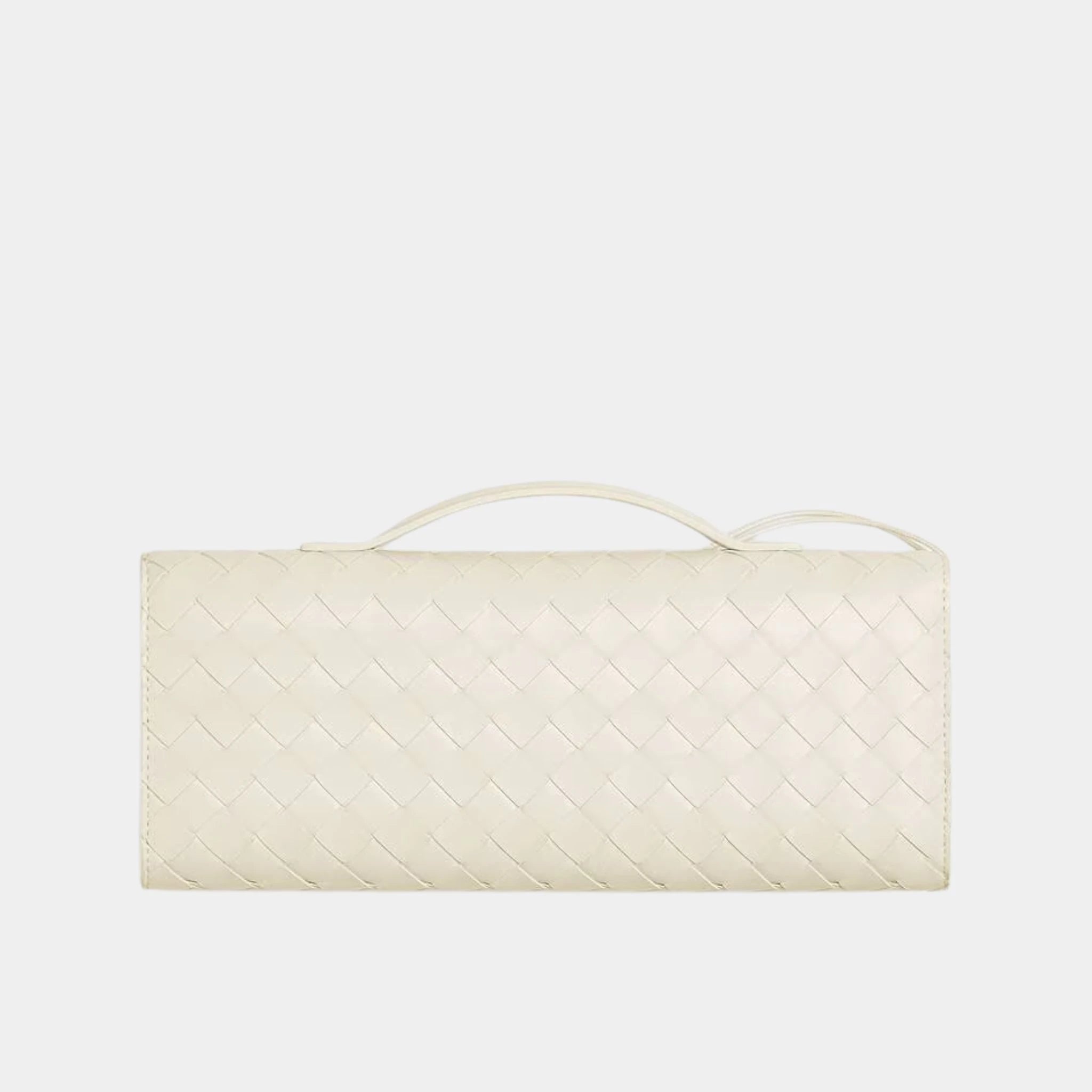 Bottega Veneta Andiamo Top Handle Clutch Intrecciato Leather, Sea Salt, Back