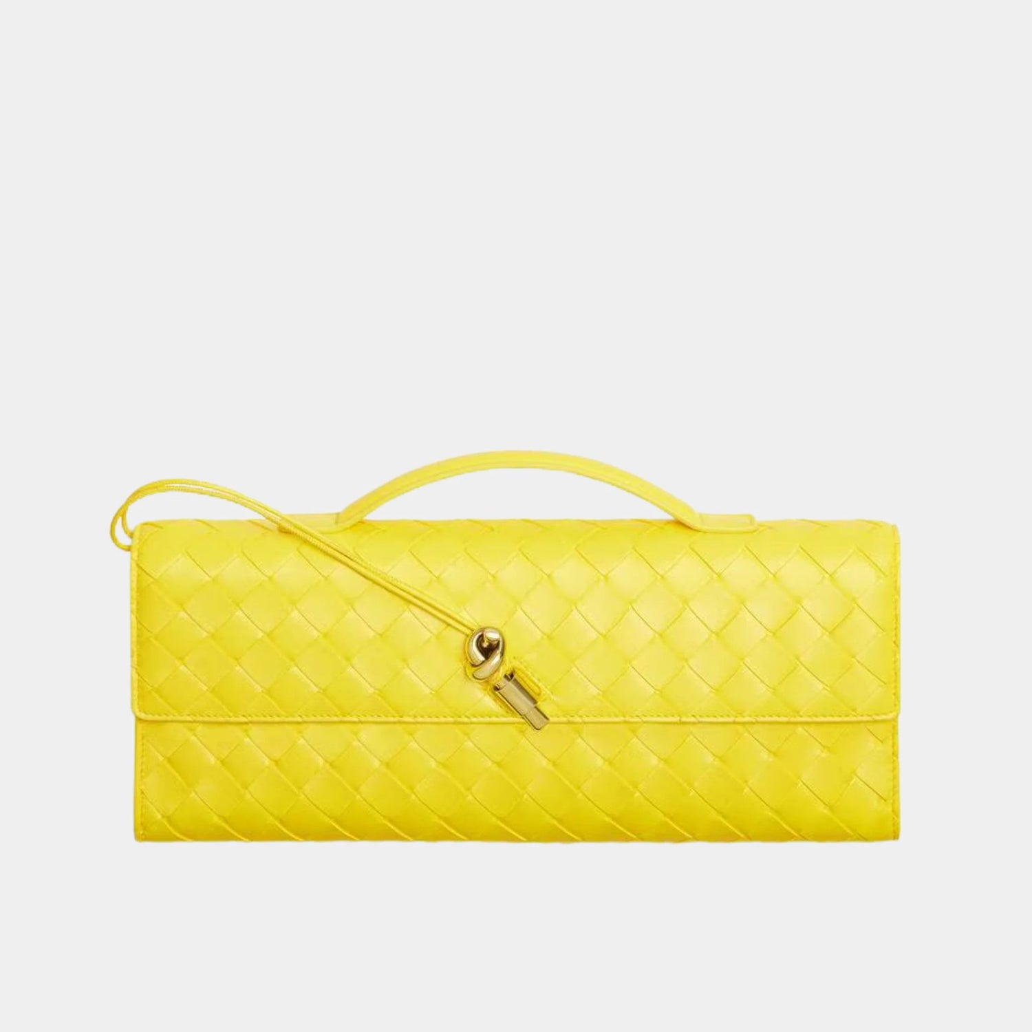 Bottega Veneta Andiamo Top Handle Clutch Intrecciato Leather, Sulfur, Front