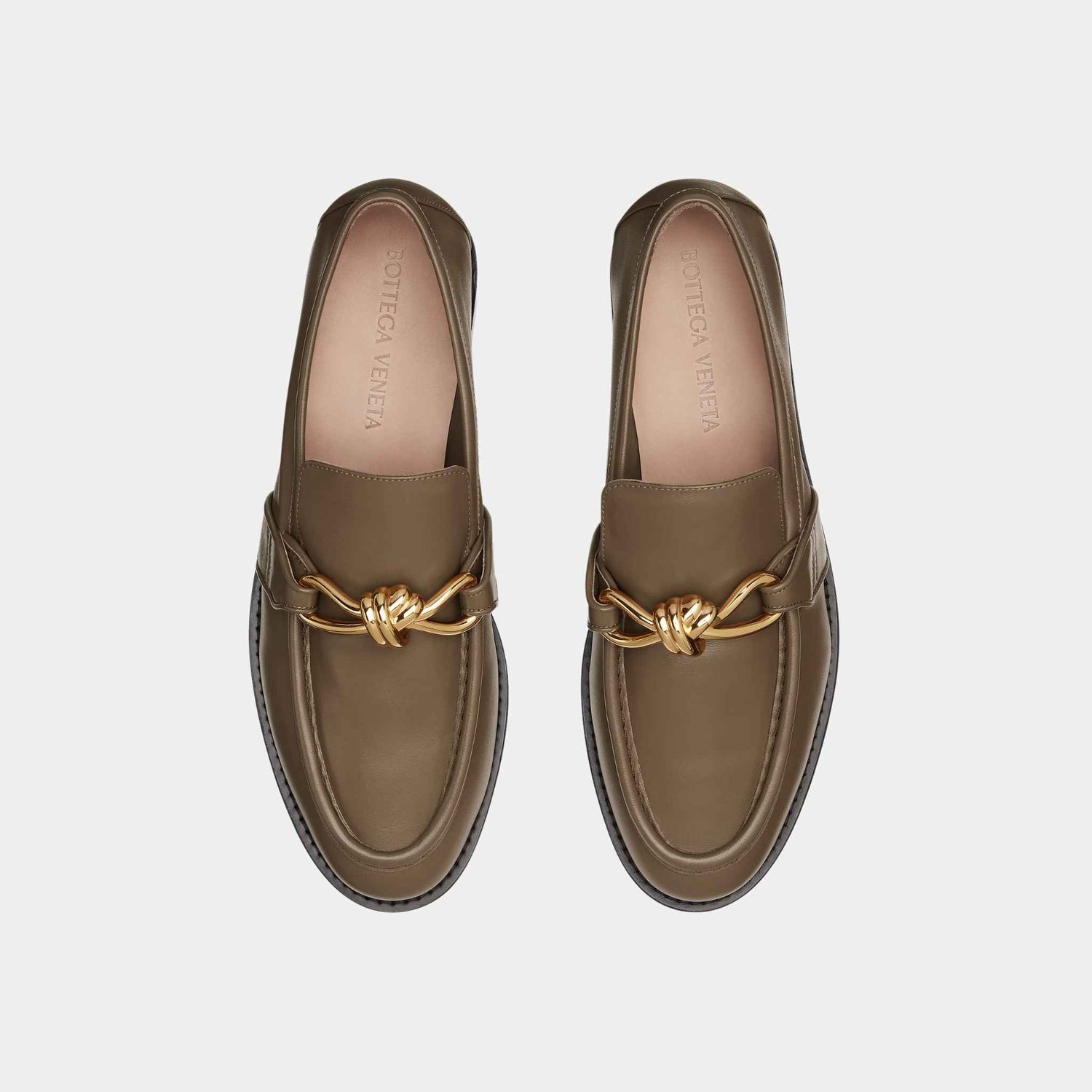 Bottega Veneta Astaire Loafer Solft Calfskin Metallic Knot Detail, Pinecone, Top