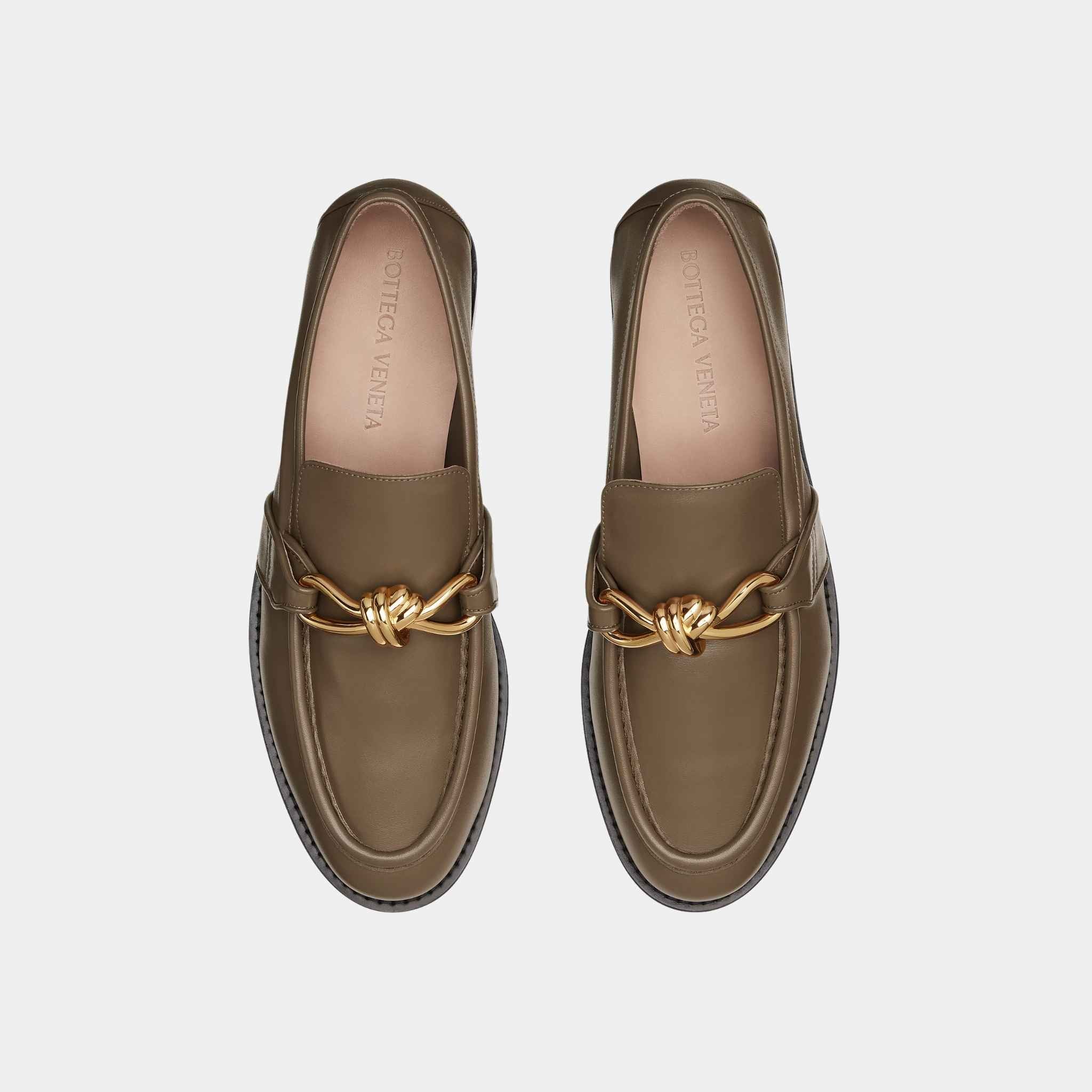 Bottega Veneta Astaire Loafer Solft Calfskin Metallic Knot Detail, Pinecone, Top