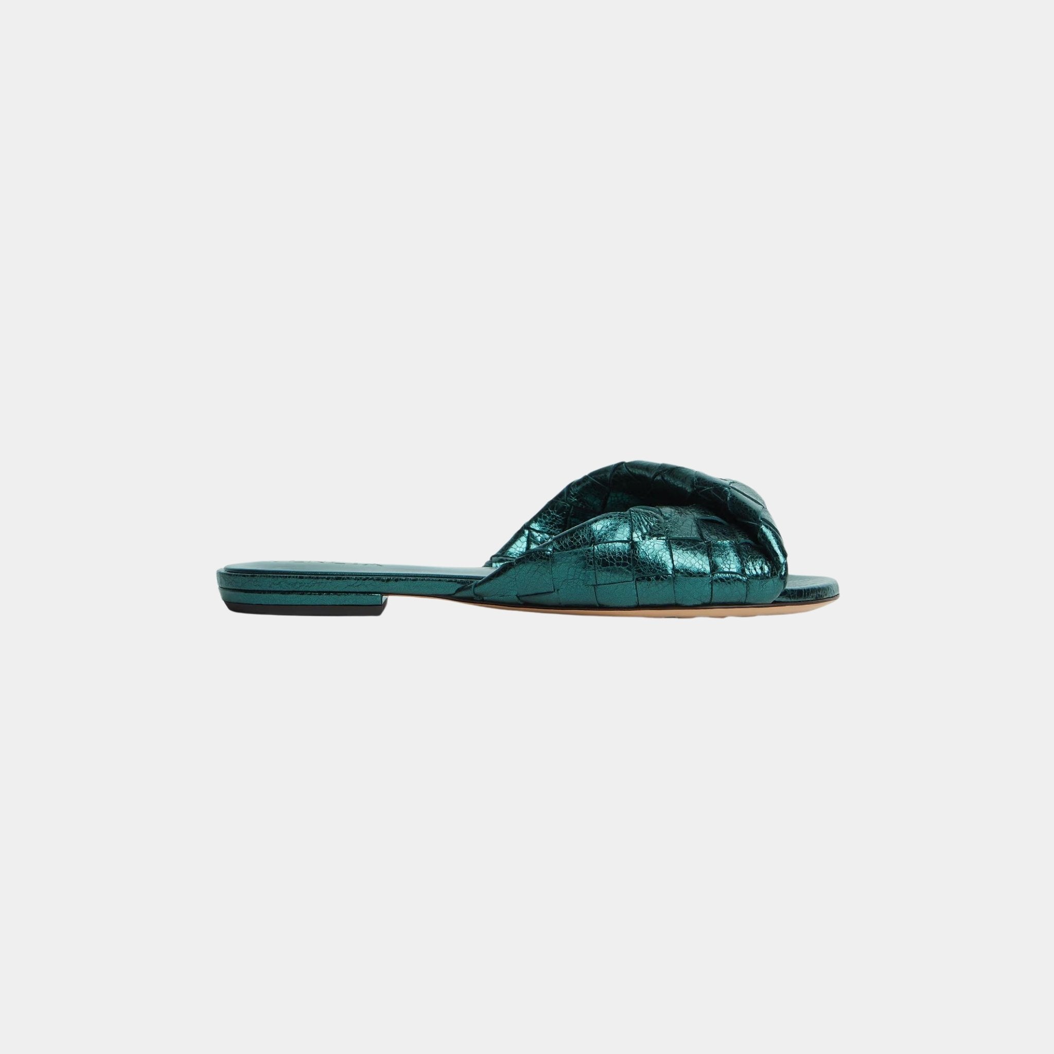 Bottega Veneta Blink Flat Mule Intrecciato Laminated Leather, Viridian Green, Side