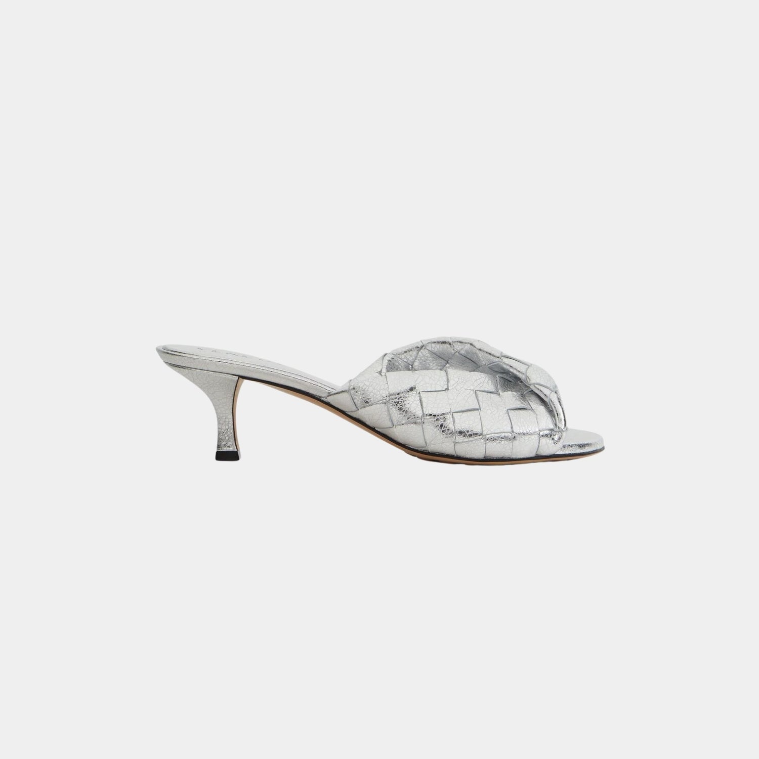 Bottega Veneta Blink Kitten Heel Mule Intrecciato Laminated Leather, Silver, Side