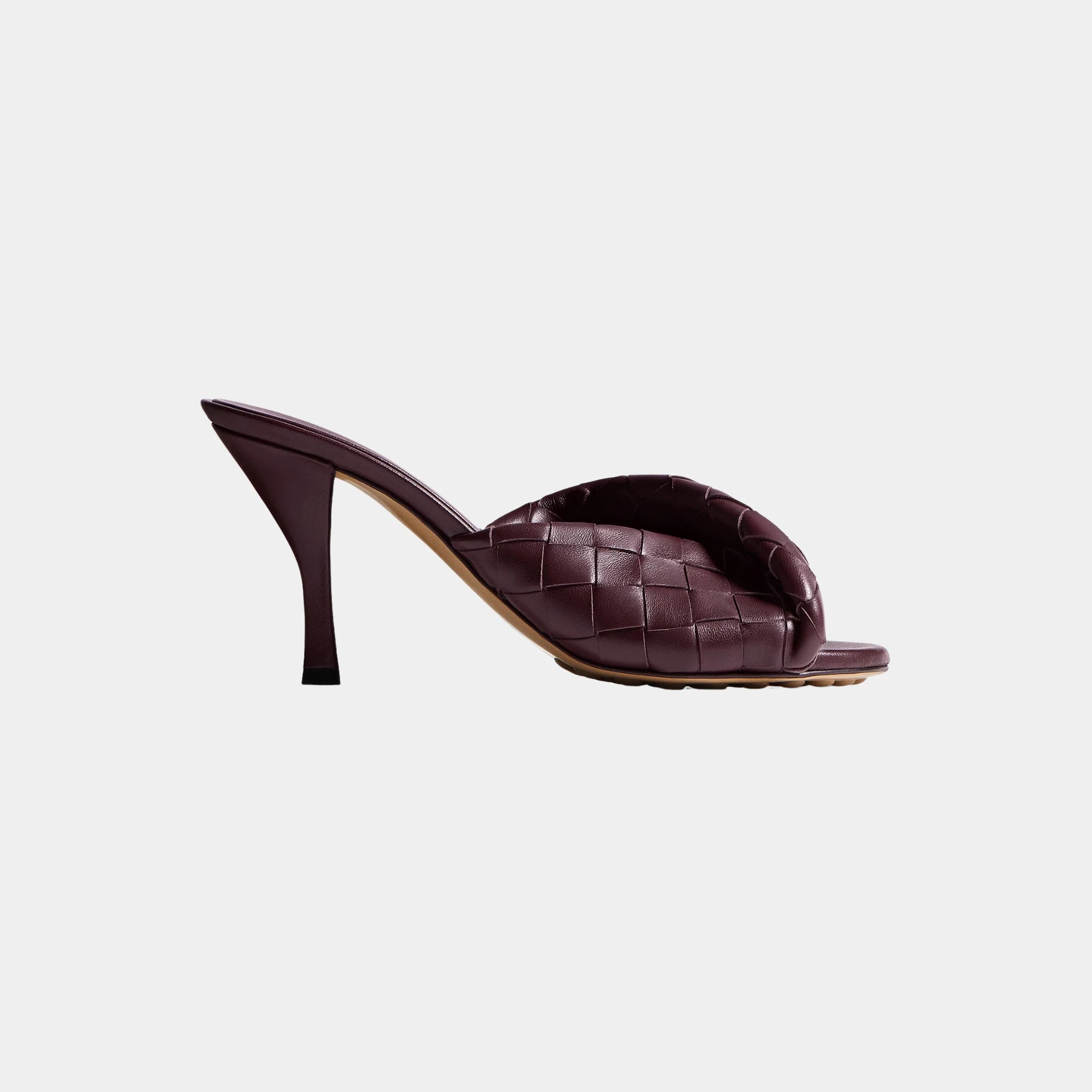 Bottega Veneta Blink Mule High Heel Folded Detail Intrecciato Leather, Deep Mahogany, Side