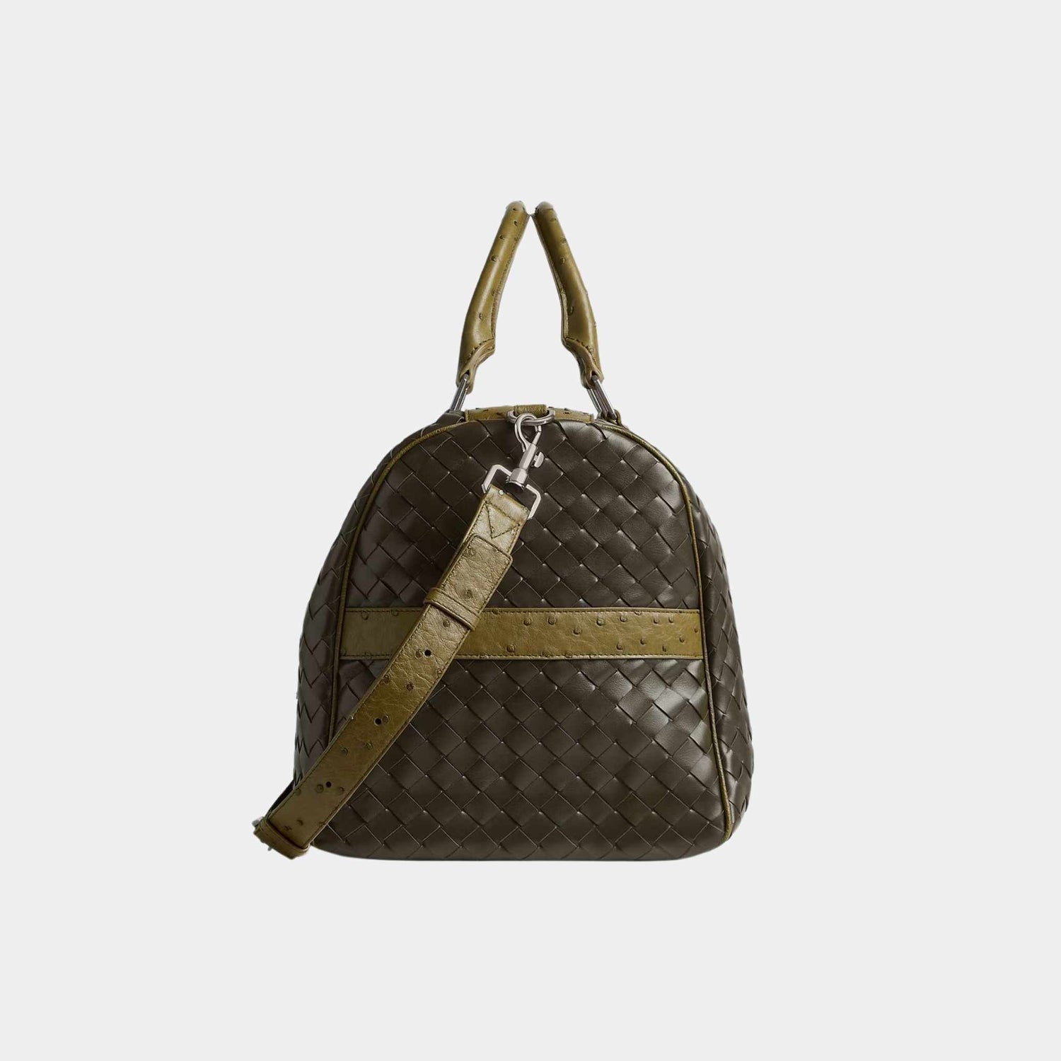 Bottega Veneta Cabin Duffle Intrecciato Leather With Ostrich Trims, Kaki, Algae, Side