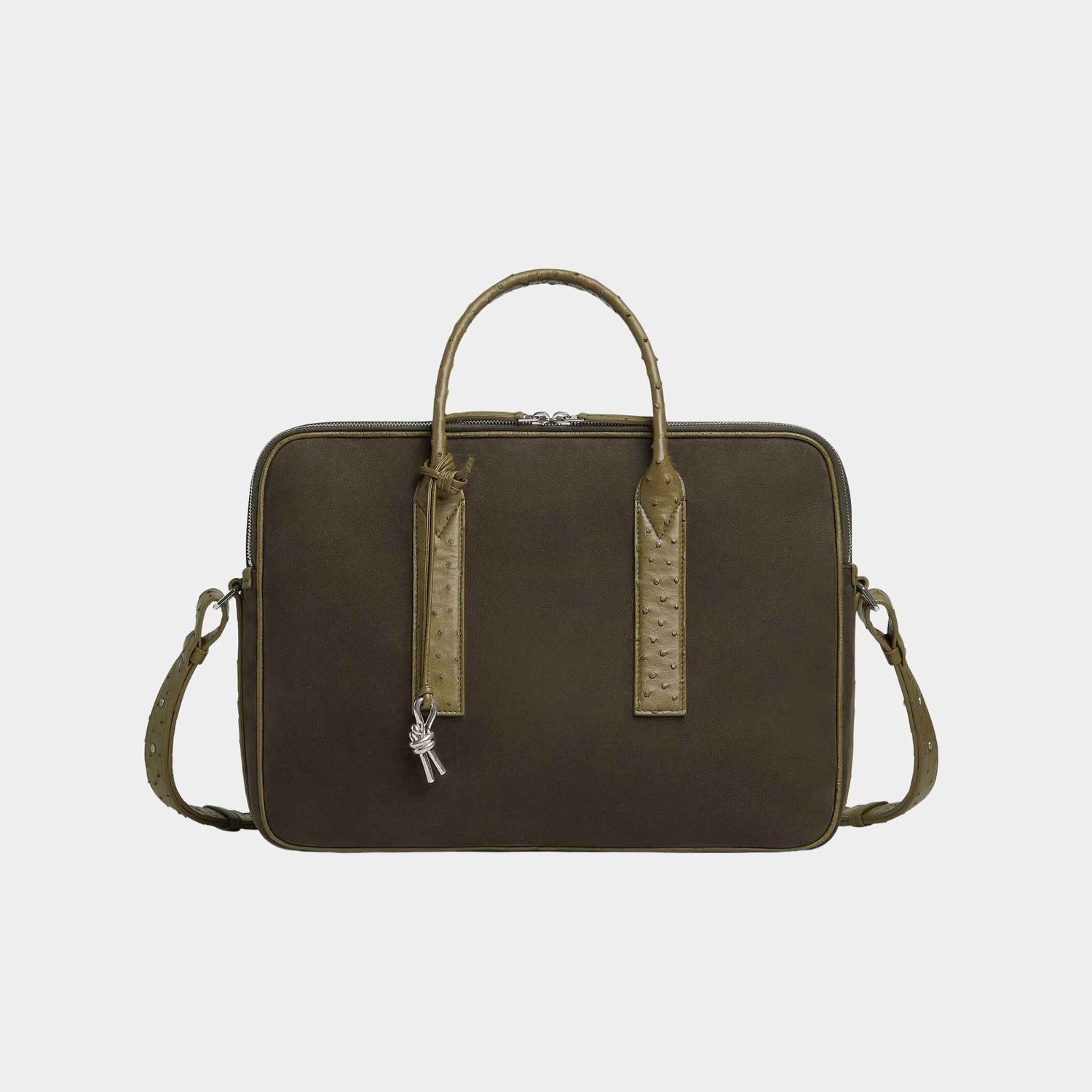 Bottega Veneta Getaway Briefcase Nubuck Leather With Ostrich Trims, Kaki, Algae, Front