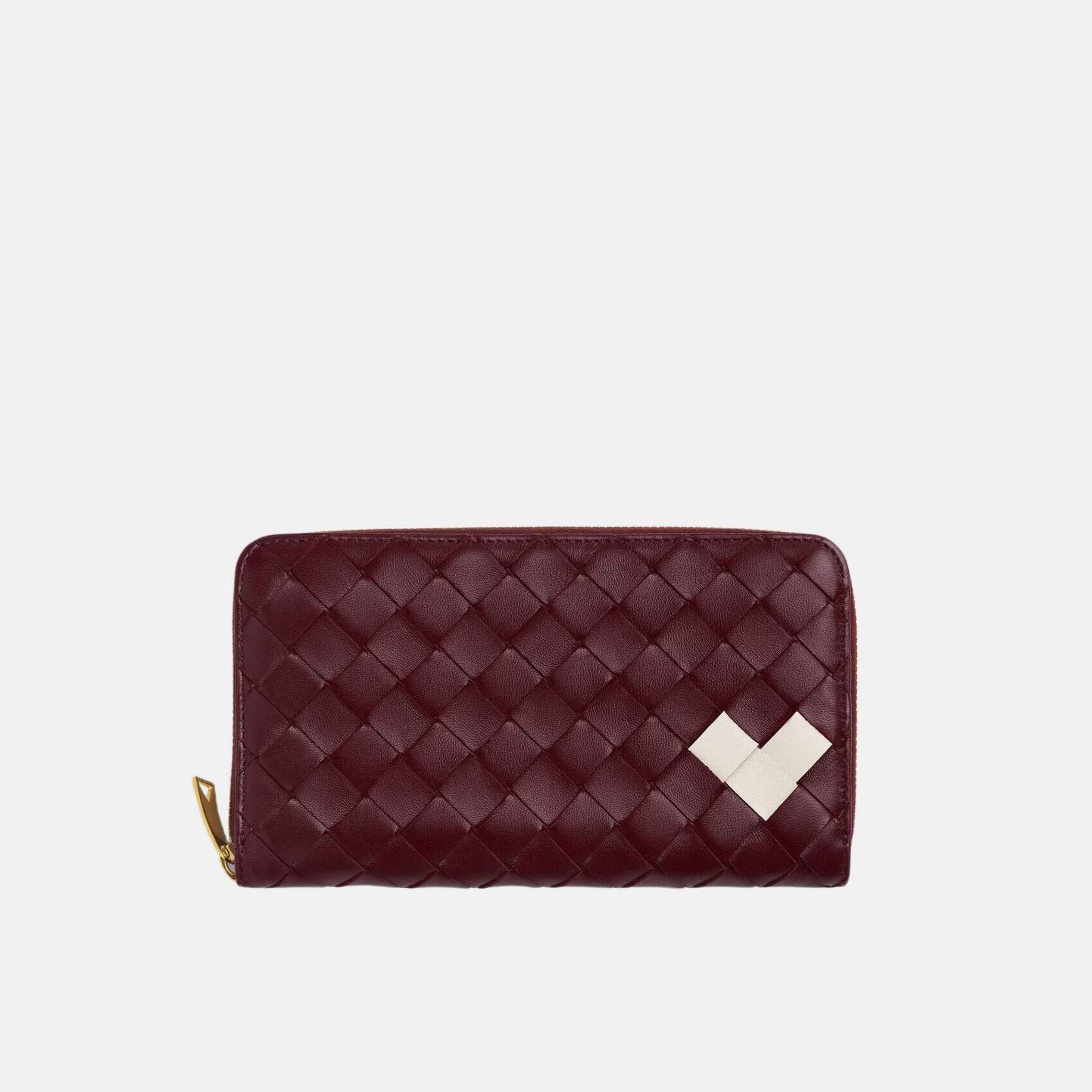 Bottega Veneta Intrecciato Zip Around Wallet, Barolo/chalk, front