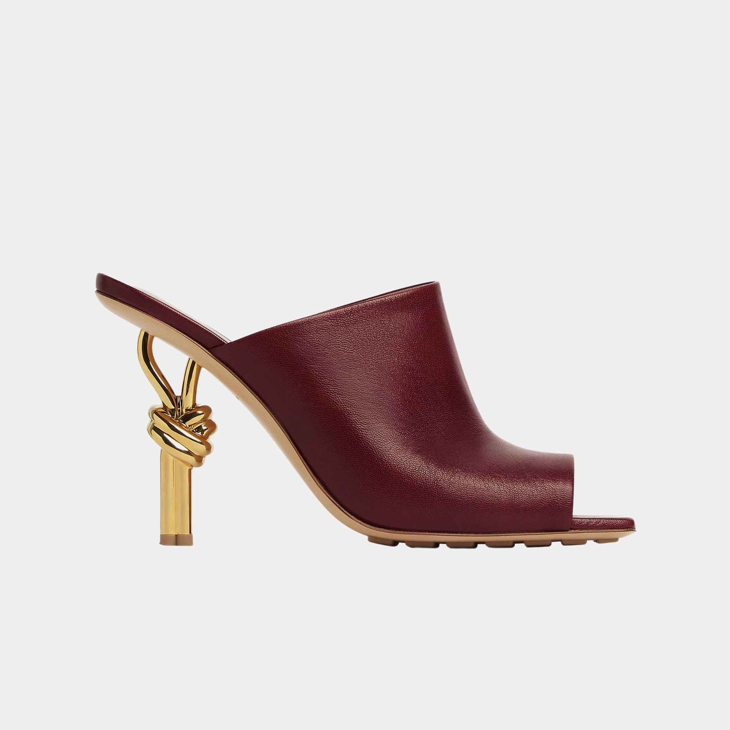 Bottega Veneta Knot High-Heel Mule Lambskin Gold Metal Knot Heel, Merlot, Side