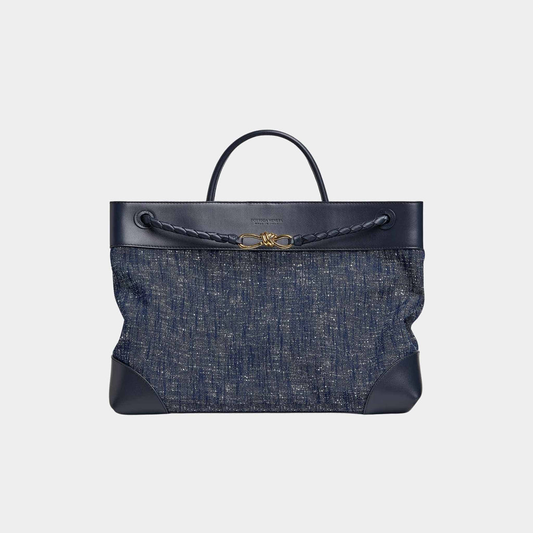 Bottega Veneta Large Andiamo Denim Boucle Calfskin Leather Handbag, Front